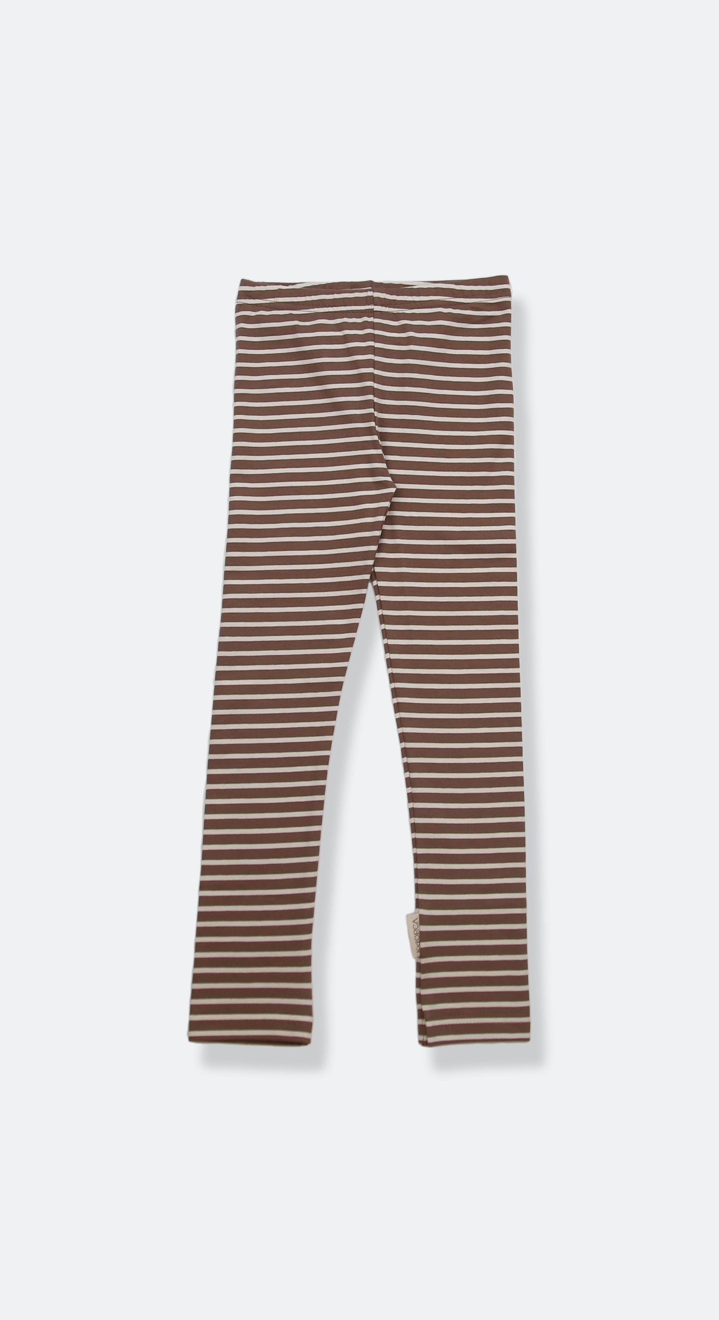 Organic striped kids leggings in mocha – front view