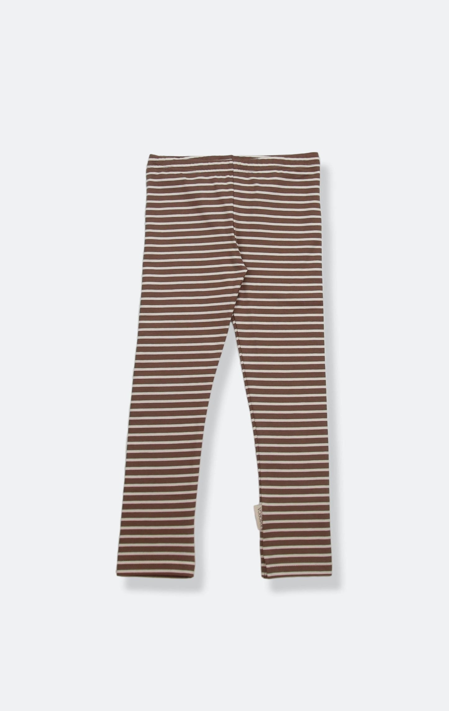 Organic striped kids leggings in mocha – front view