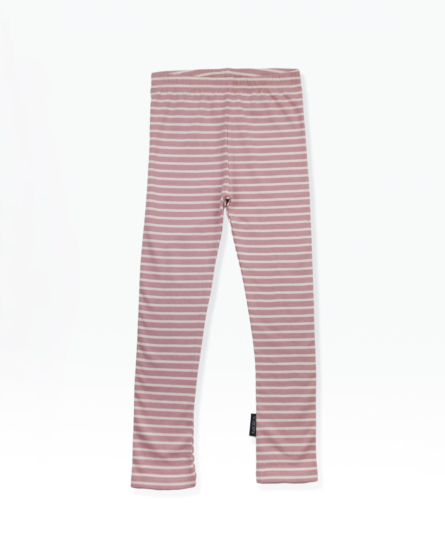 Organic striped extra‑long kids leggings in mauve – front view