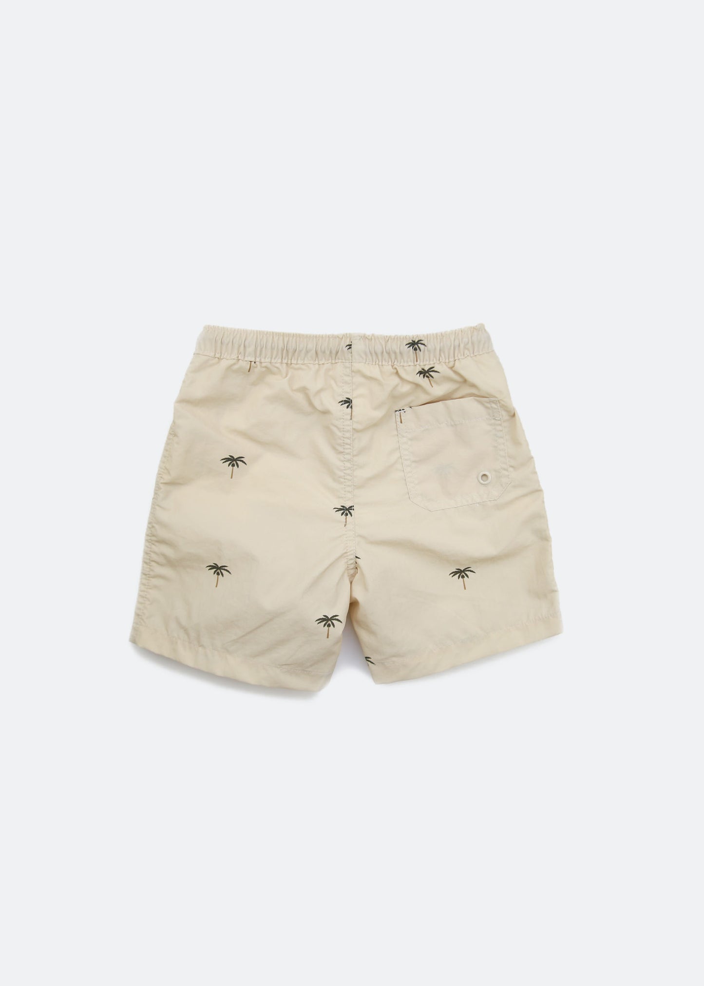 Boys swim trunks palm almond print – back view