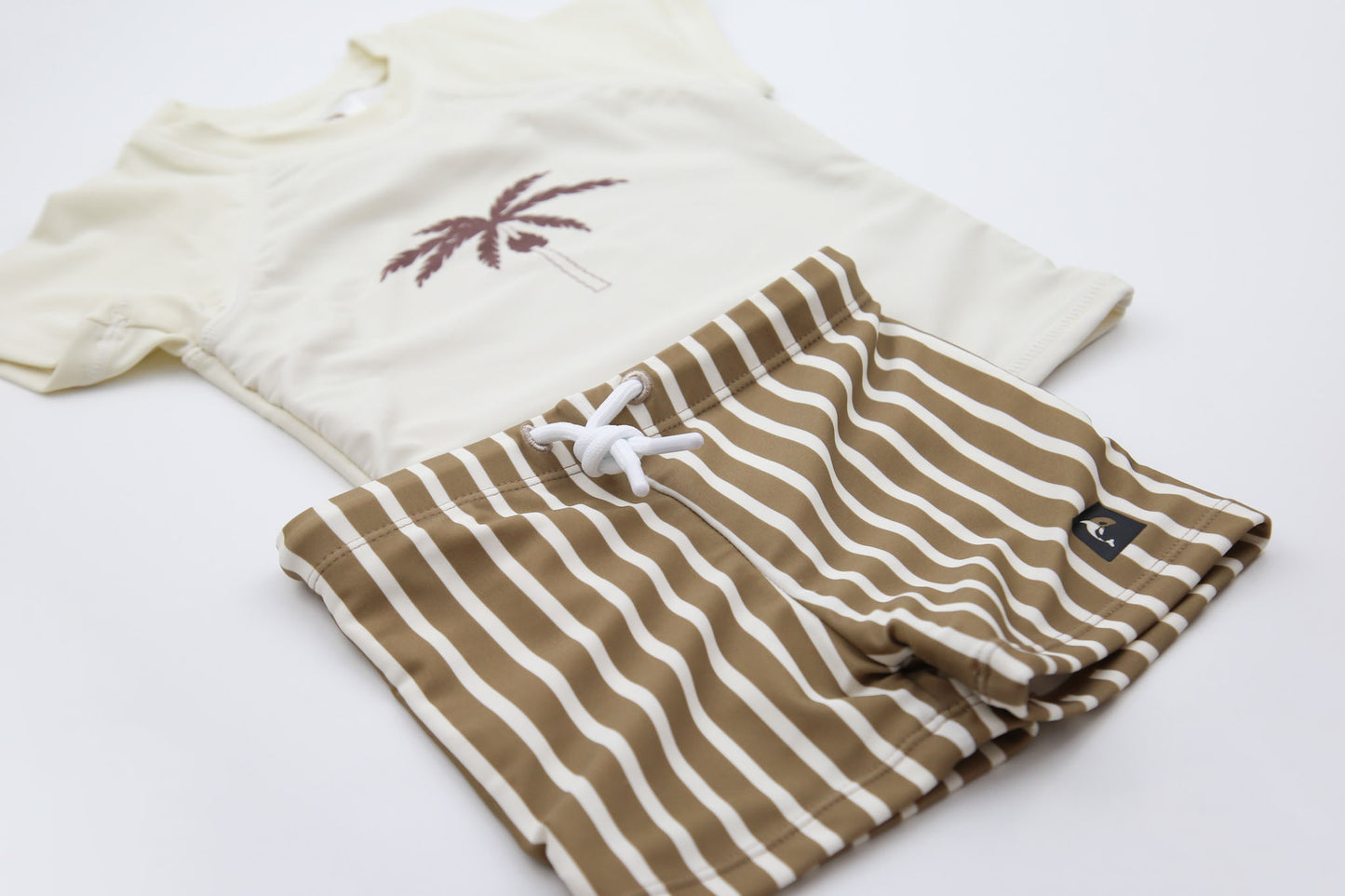 Kids swim boardie shorts stripe khaki – front view