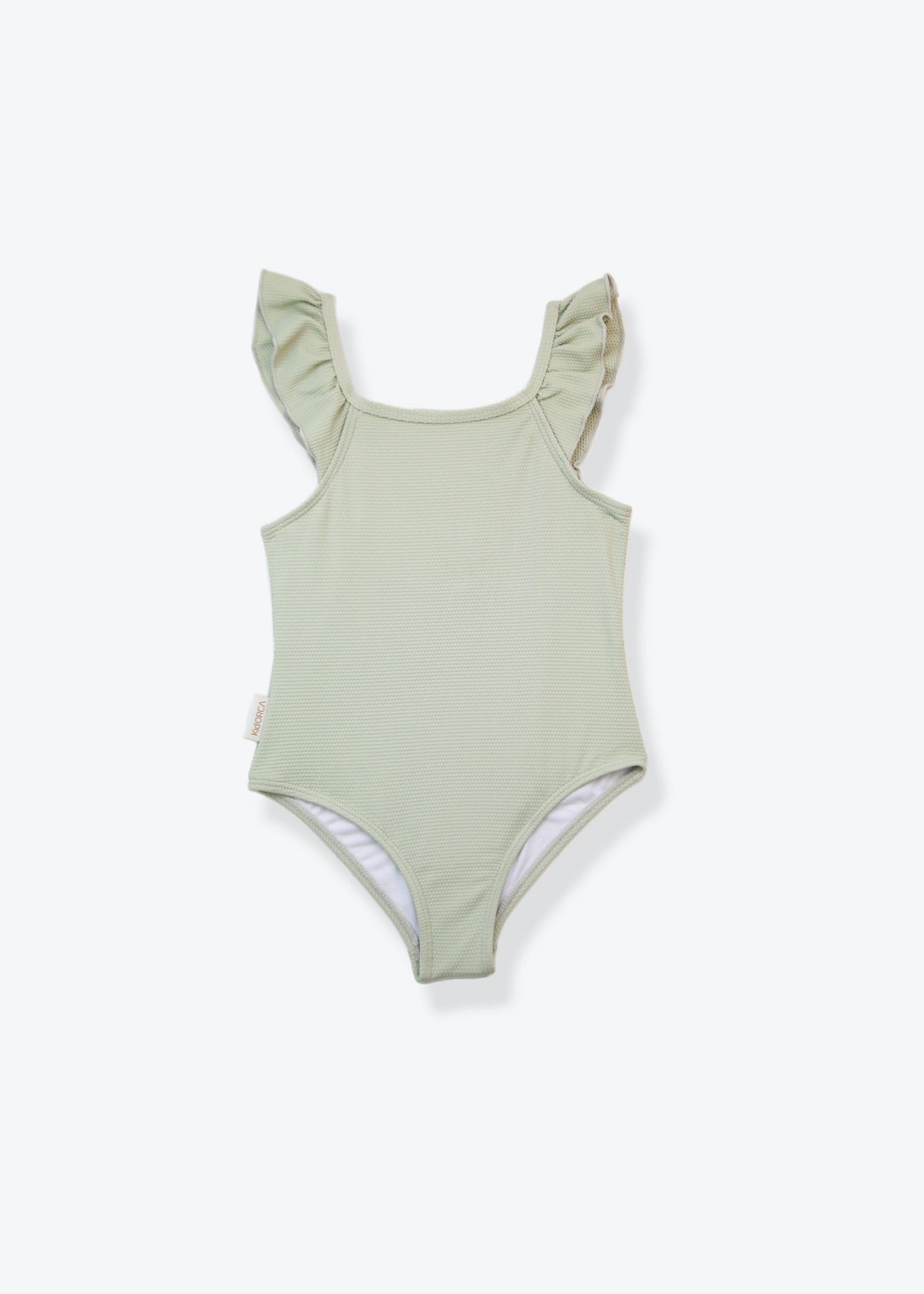 Girls waffle weave swimsuit in sage green – front view