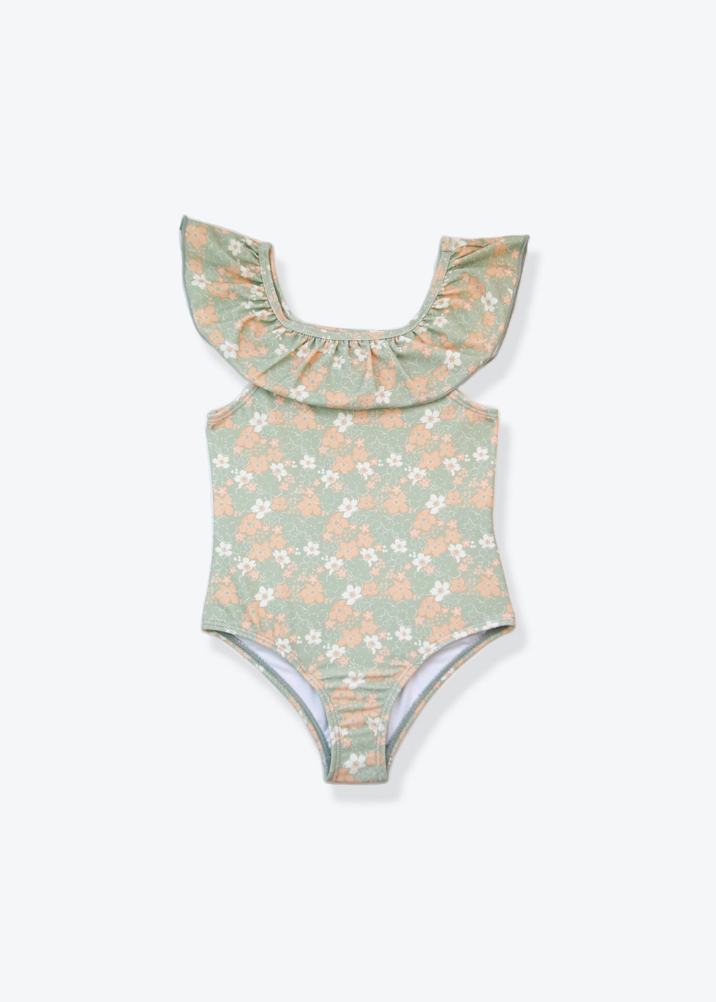 Girls ruffle swimsuit in sage green – front view