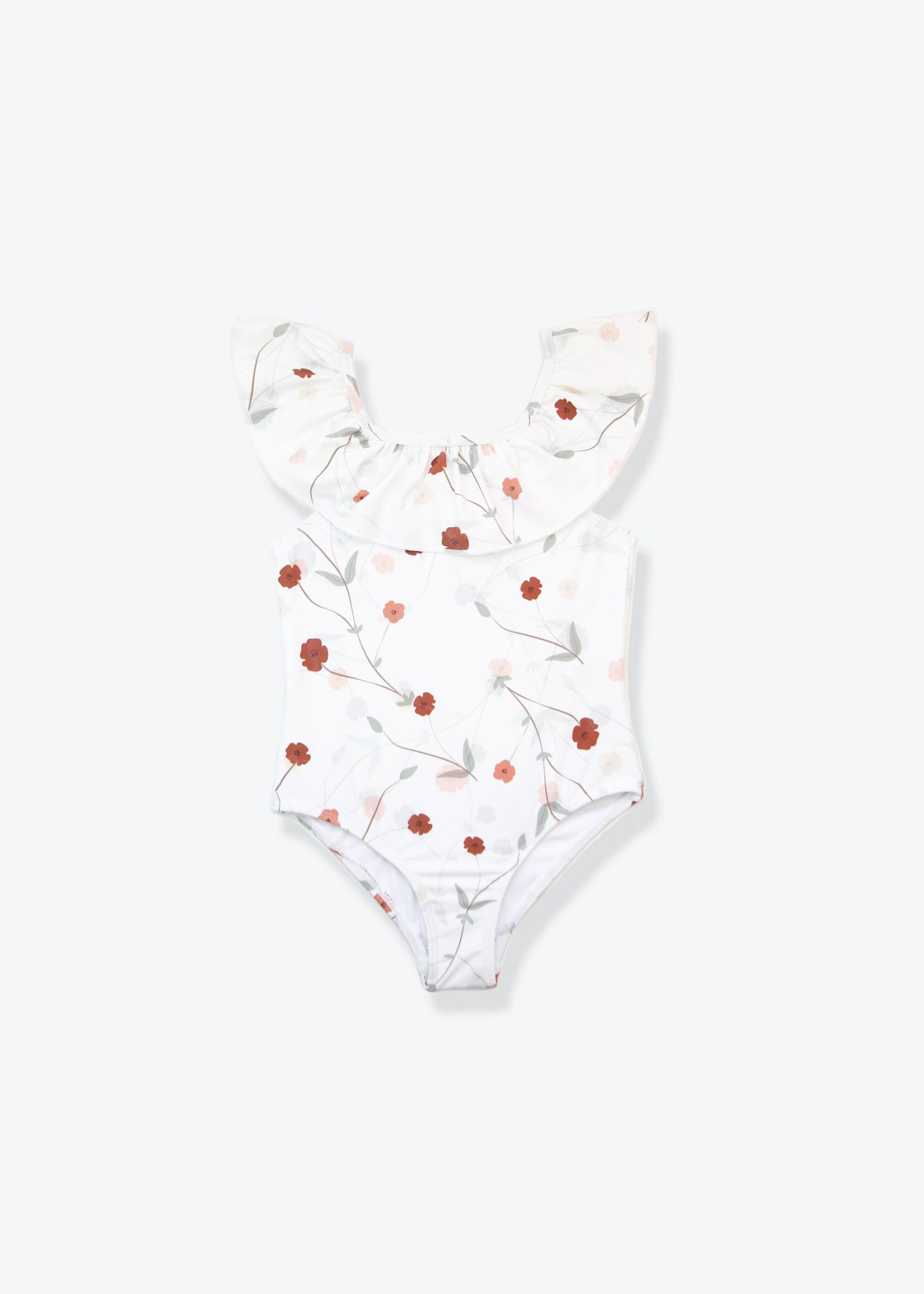 Girls ruffle swimsuit Lalliana coconut print – front view