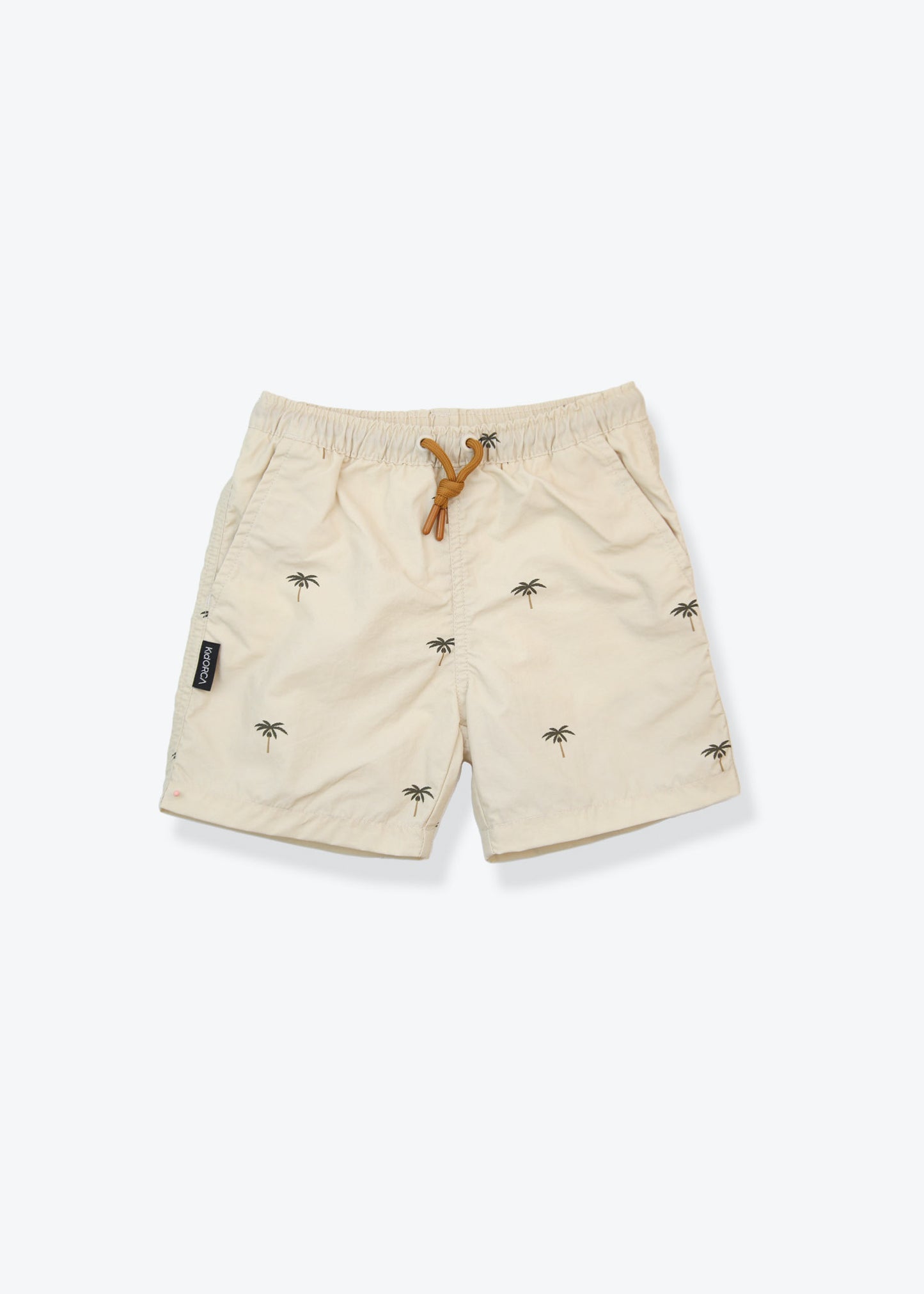 Boys swim trunks palm almond print – front view