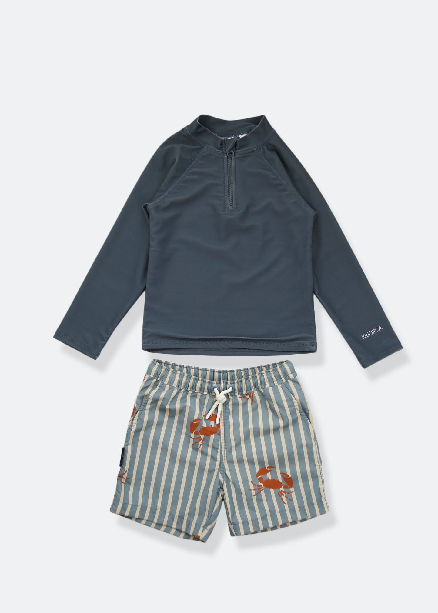 Boys swim trunks crab print slate blue – front view