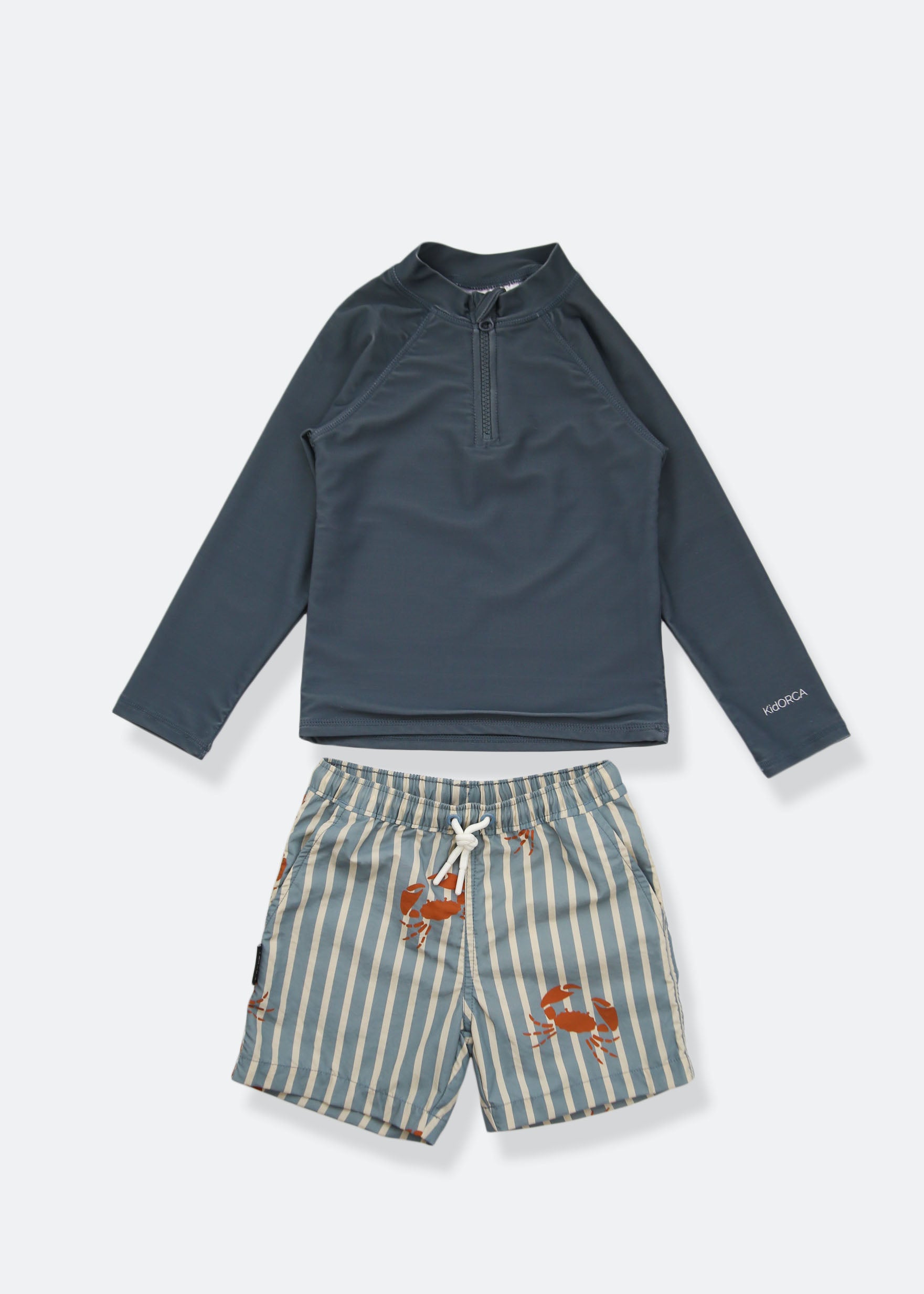 Boys swim trunks crab print slate blue – front view