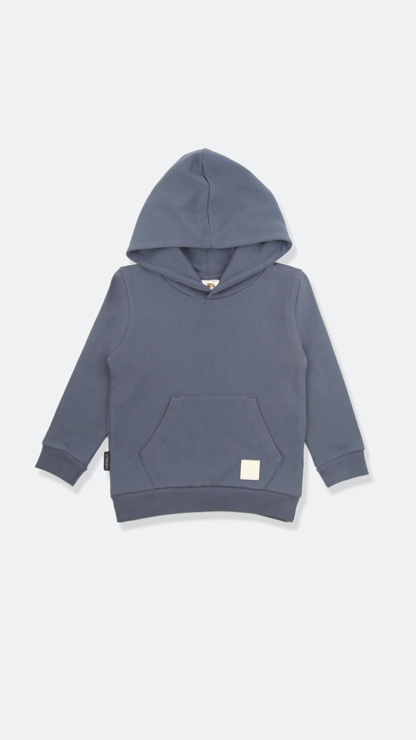 Organic french terry kids hoodie in fjord blue – front view