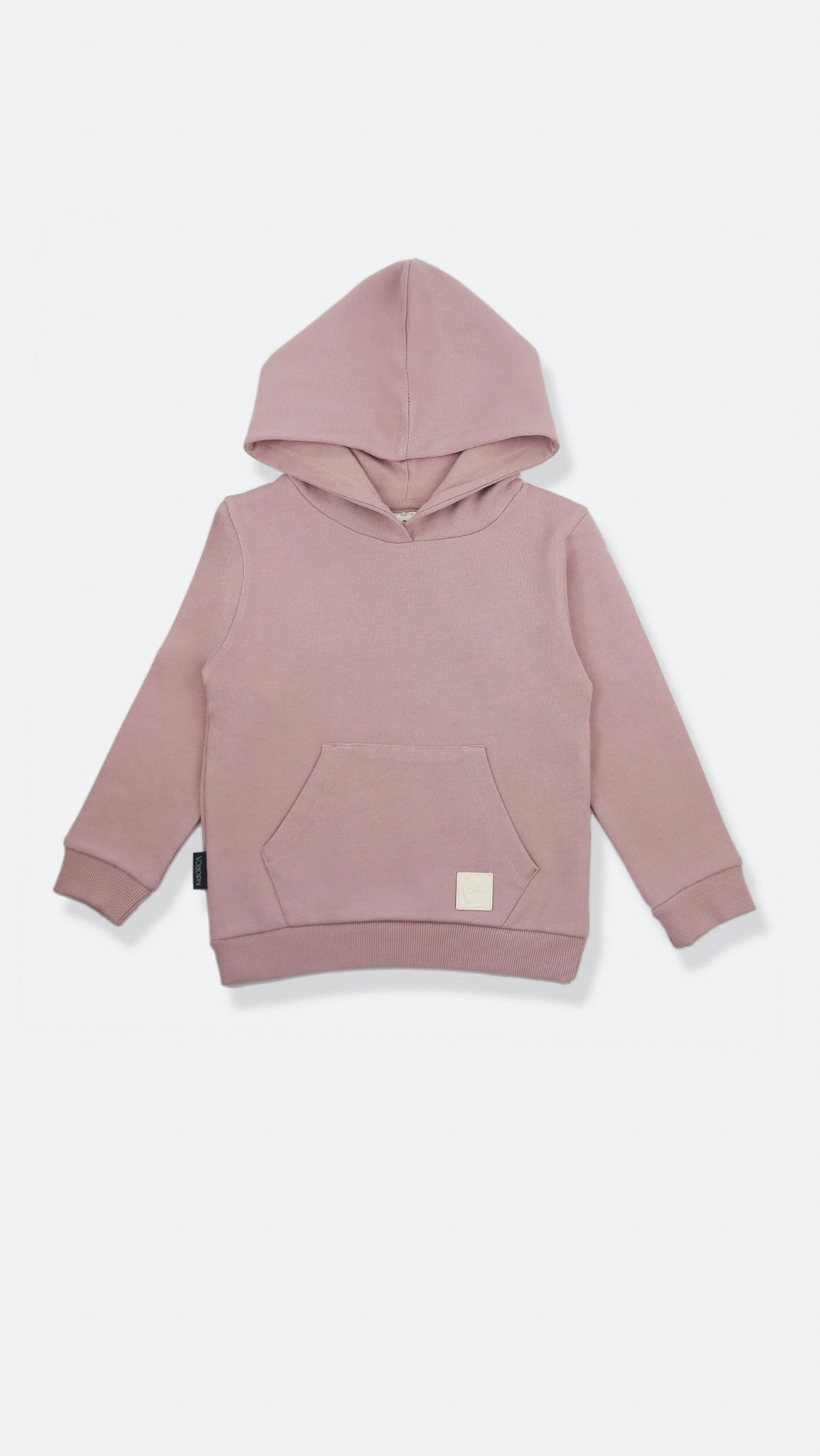 Organic french terry kids hoodie in mauve color – front view