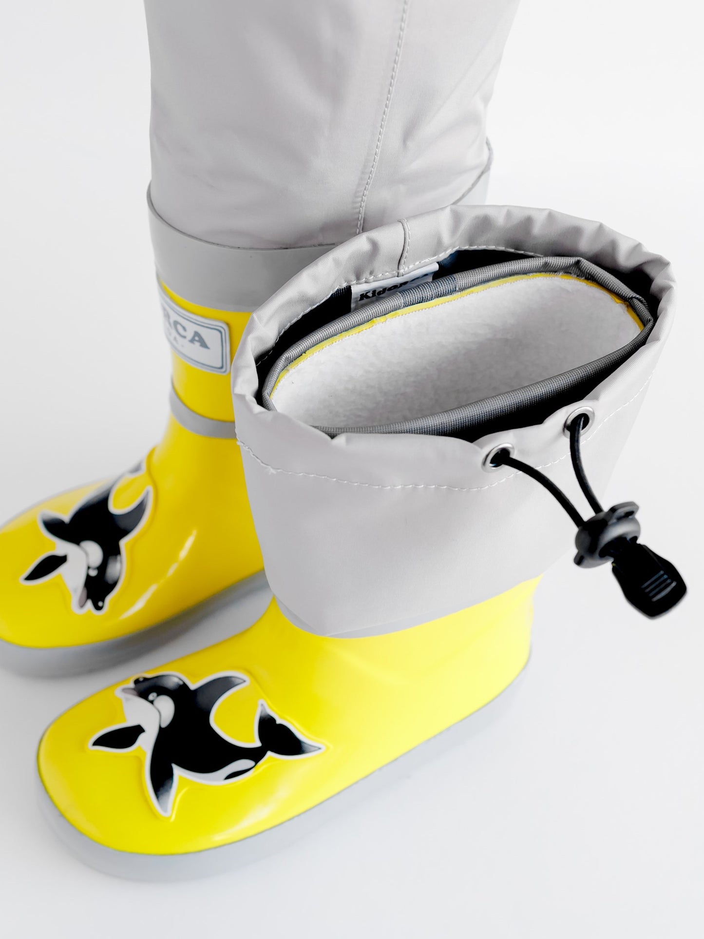 Close-up of waterproof rubber and non-slip sole – yellow rain waders