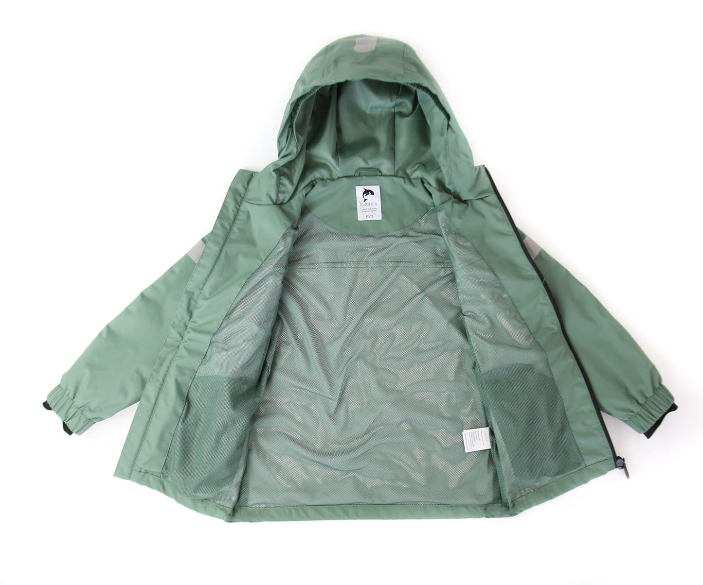 Kids olive waterproof hard-shell rain jacket – front view
