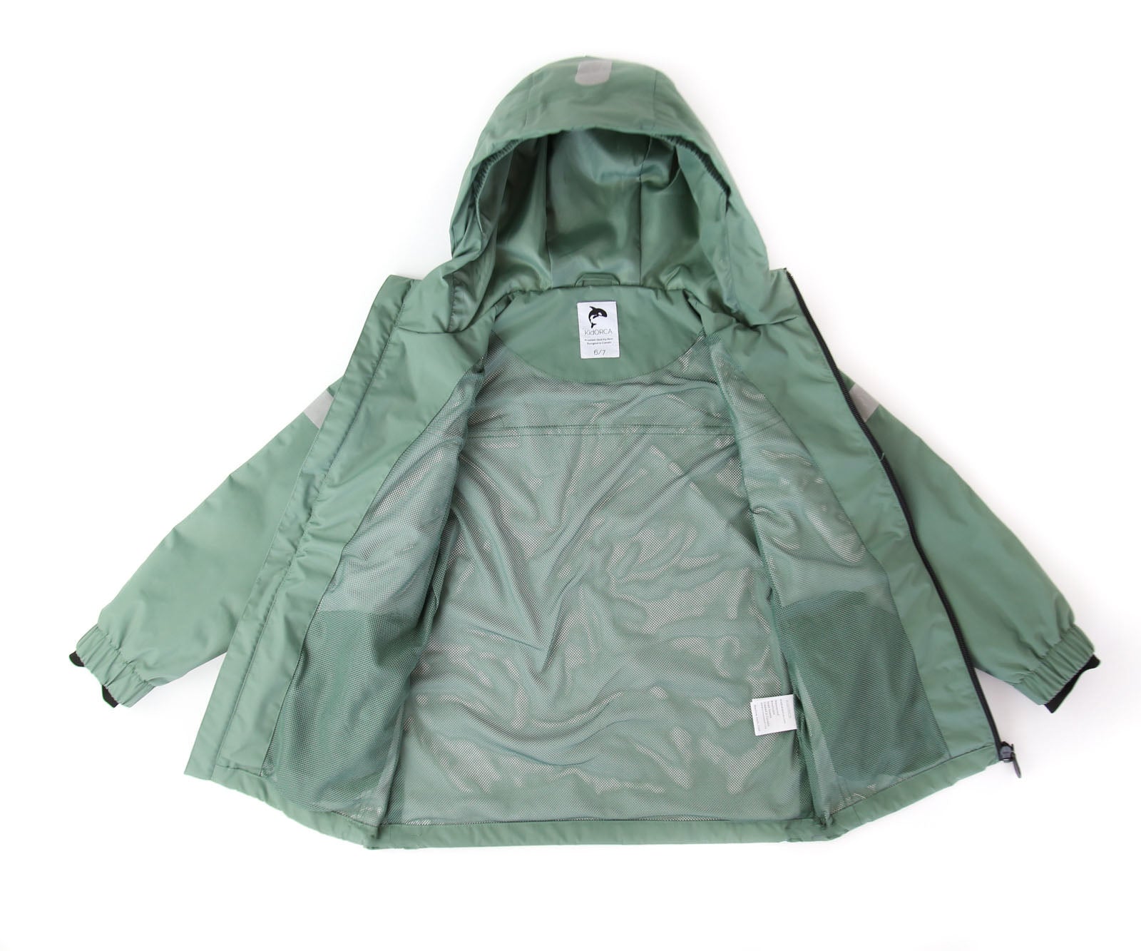 Kids olive waterproof hard-shell rain jacket – front view