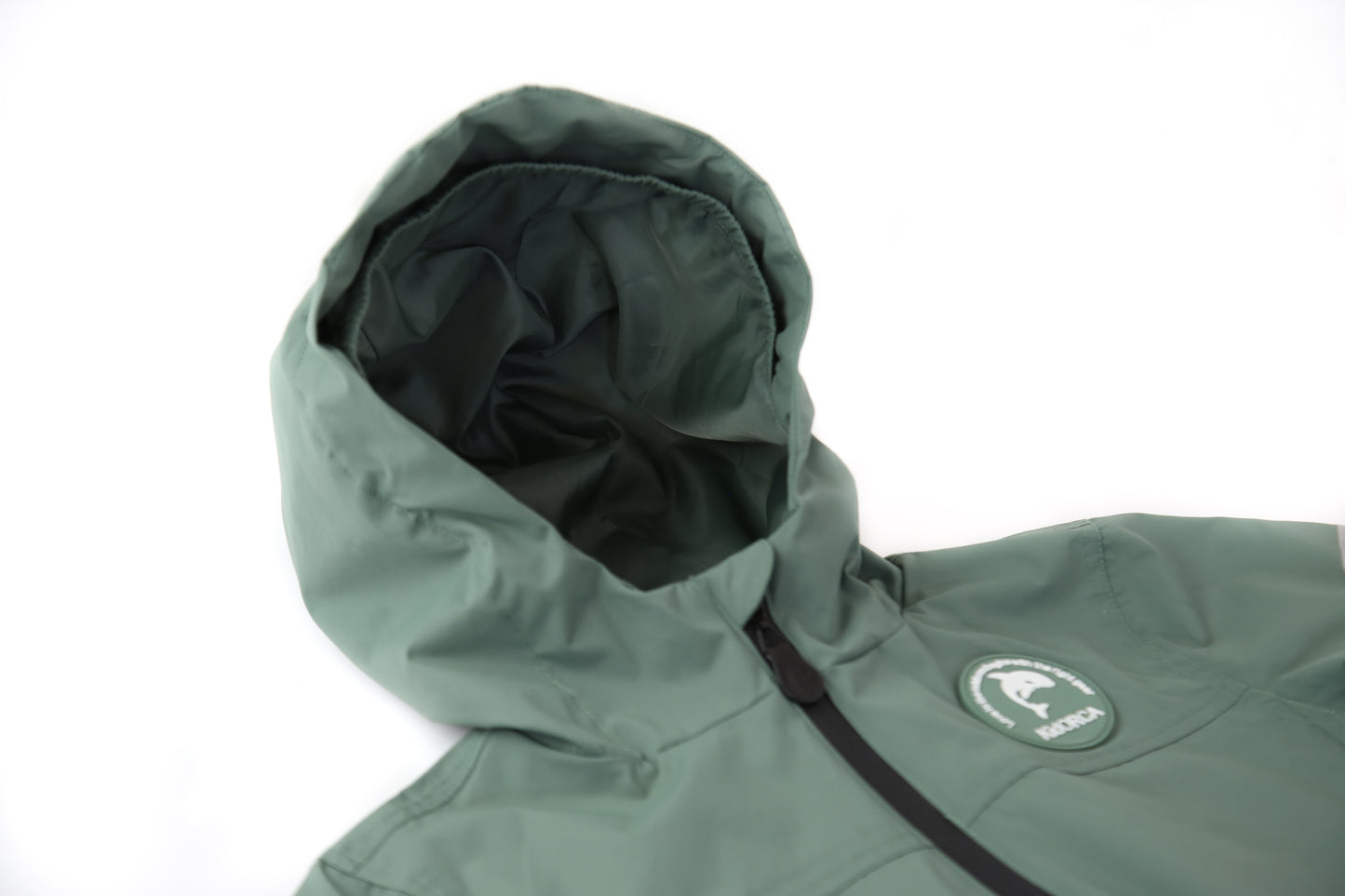 Taped seams and adjustable hood detail – olive hard-shell rain jacket