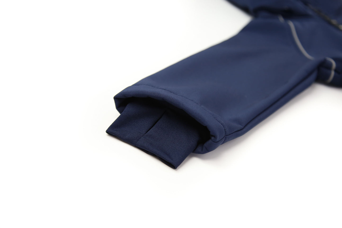 Close-up of waterproof breathable fabric – navy softshell suit