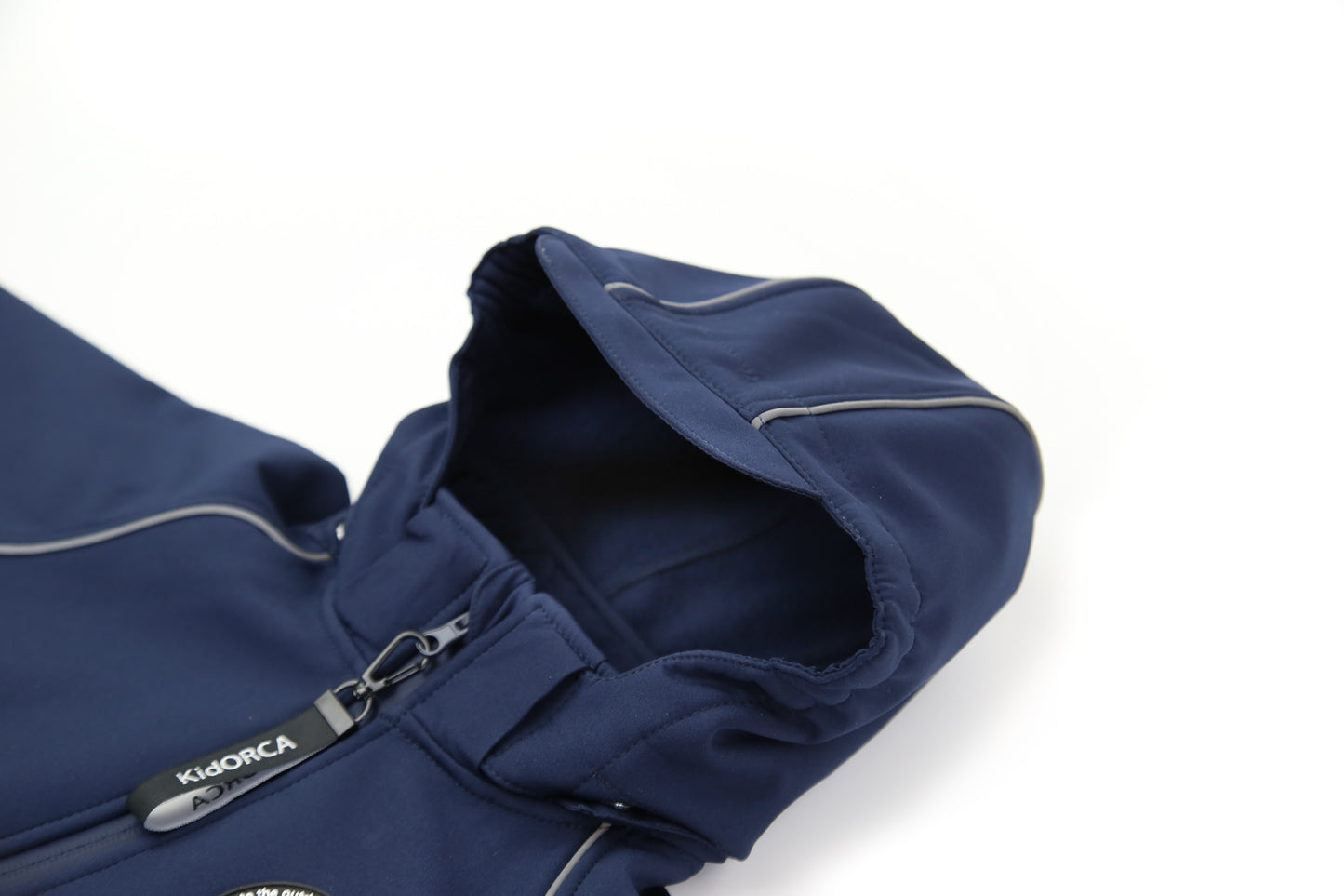 Close-up of waterproof breathable fabric – navy softshell suit
