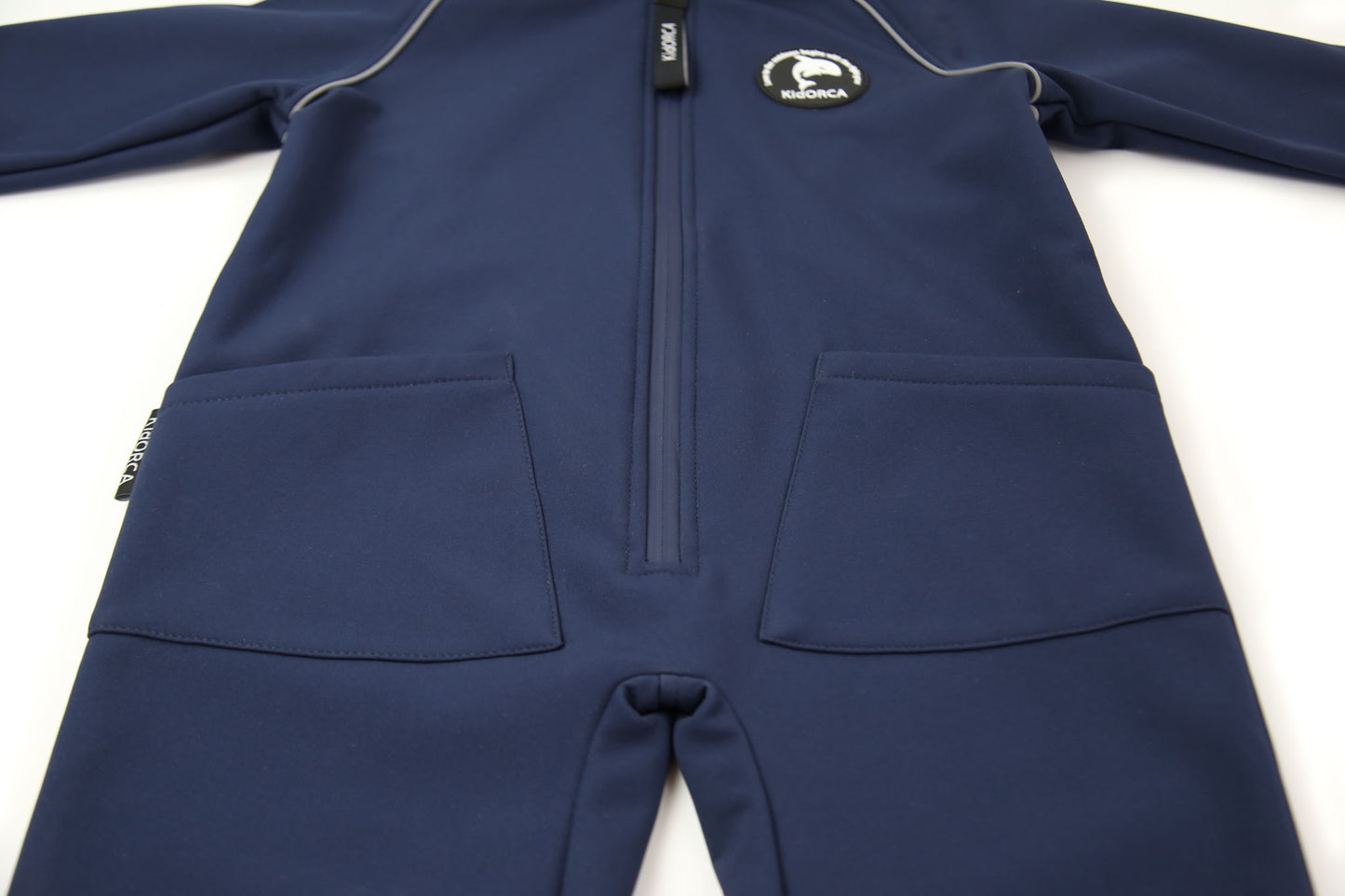 Kids navy softshell play suit – front view
