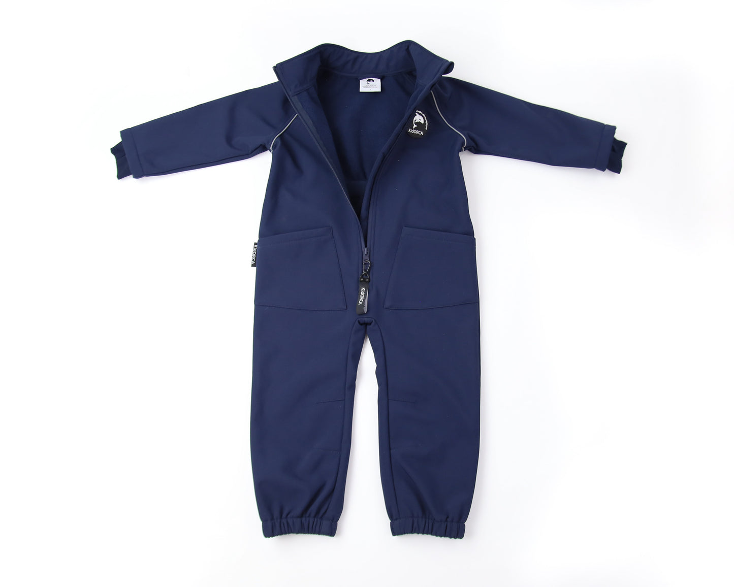 Kids navy softshell play suit – front view