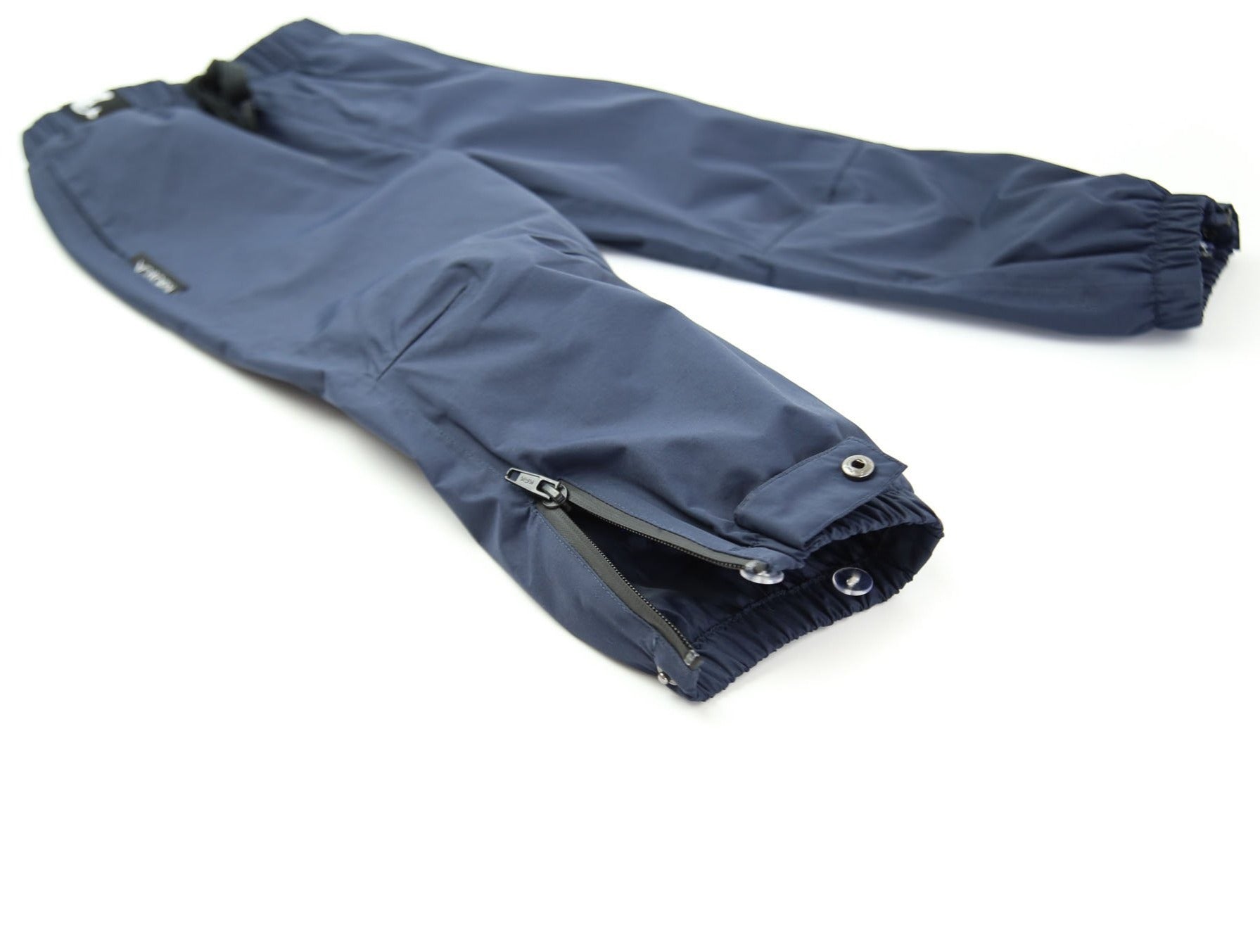 Ankle cuff detail – navy waterproof rain pants