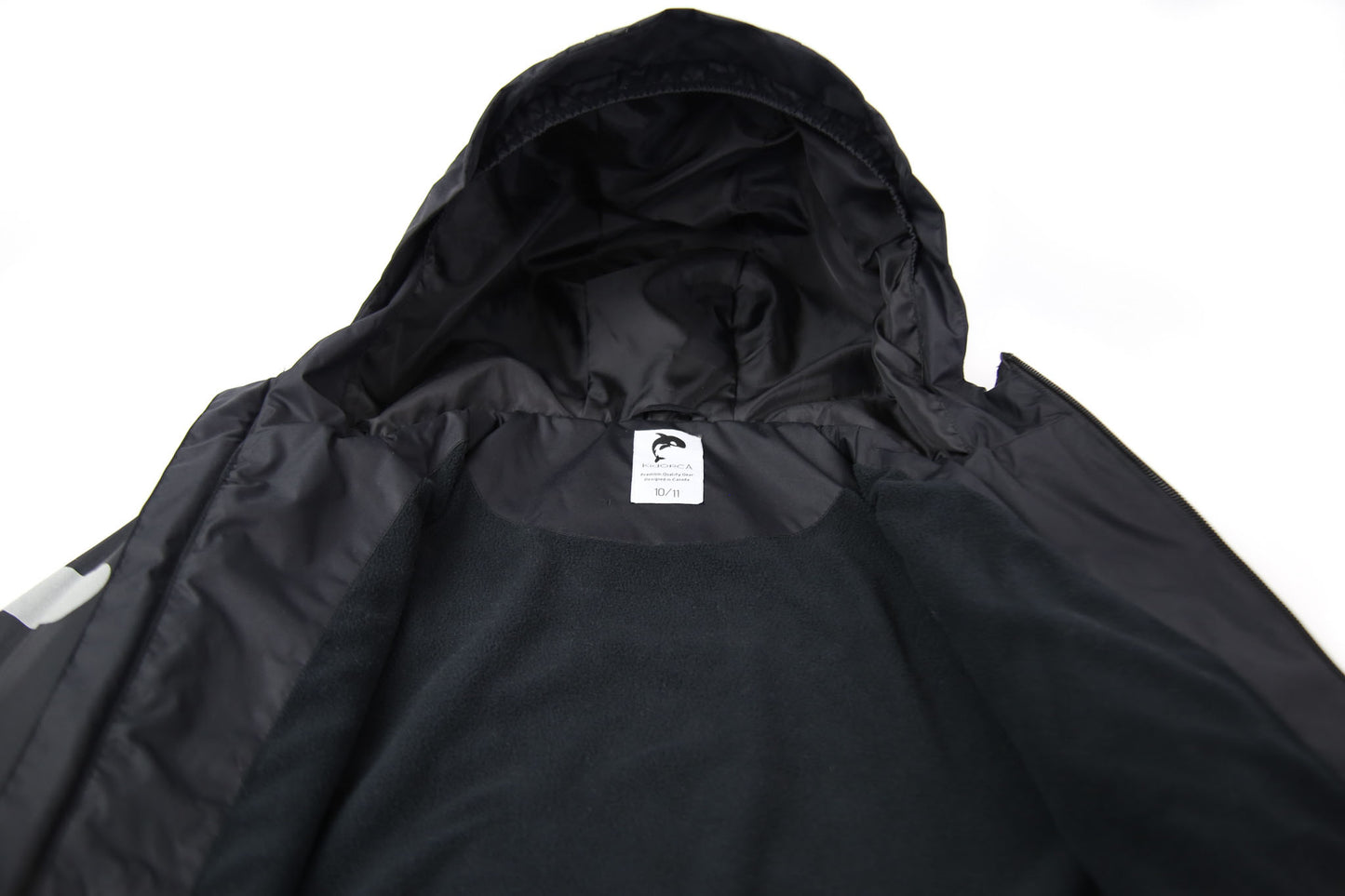 Close-up of insulated lining – black waterproof rain jacket