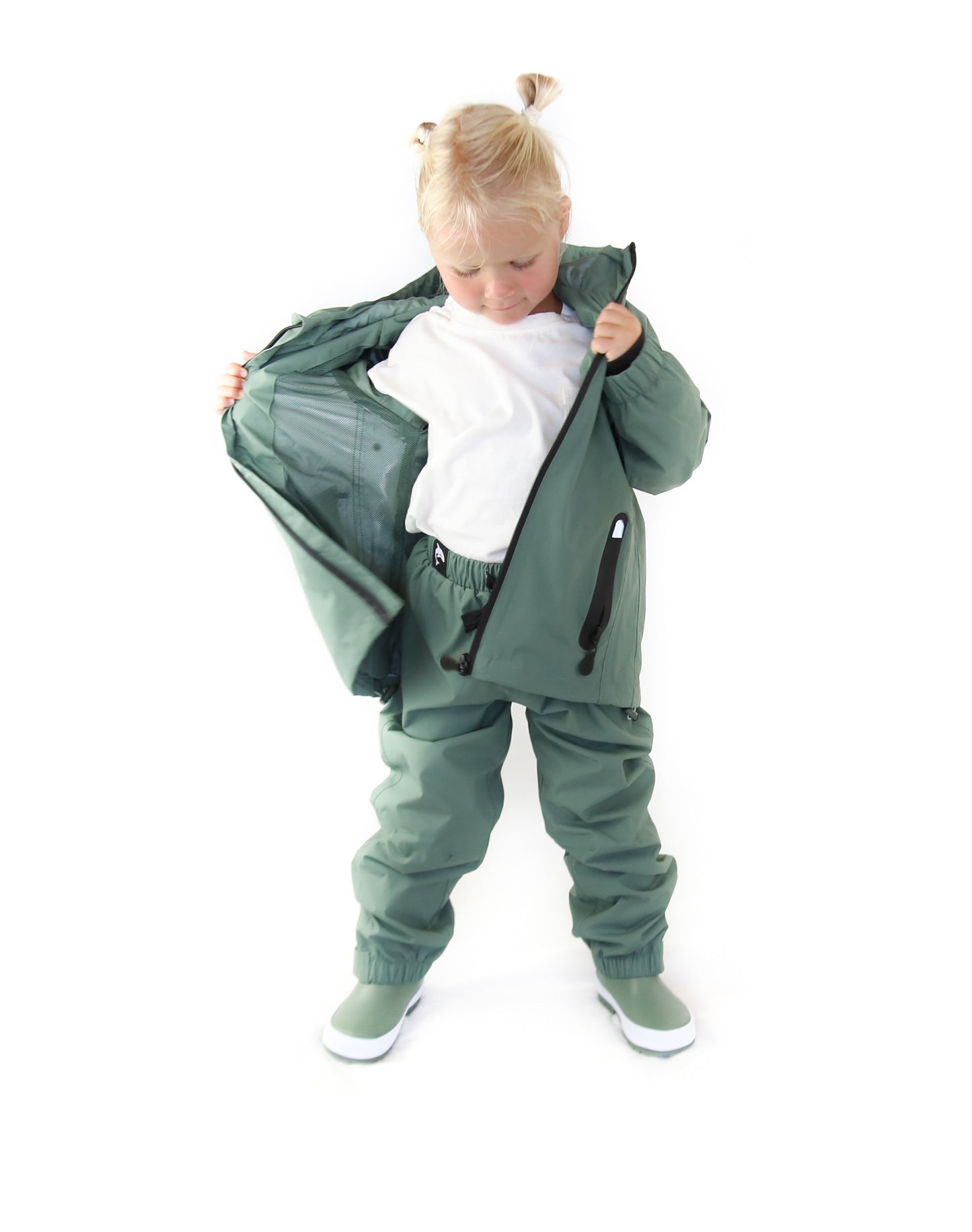 Child wearing olive hard-shell rain jacket – front view