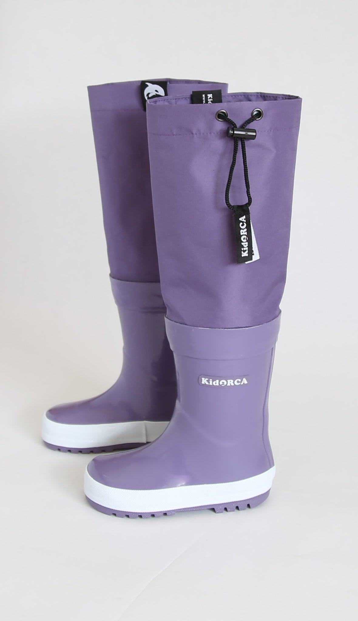 Kids grape rain boots with above-knee waders – side view