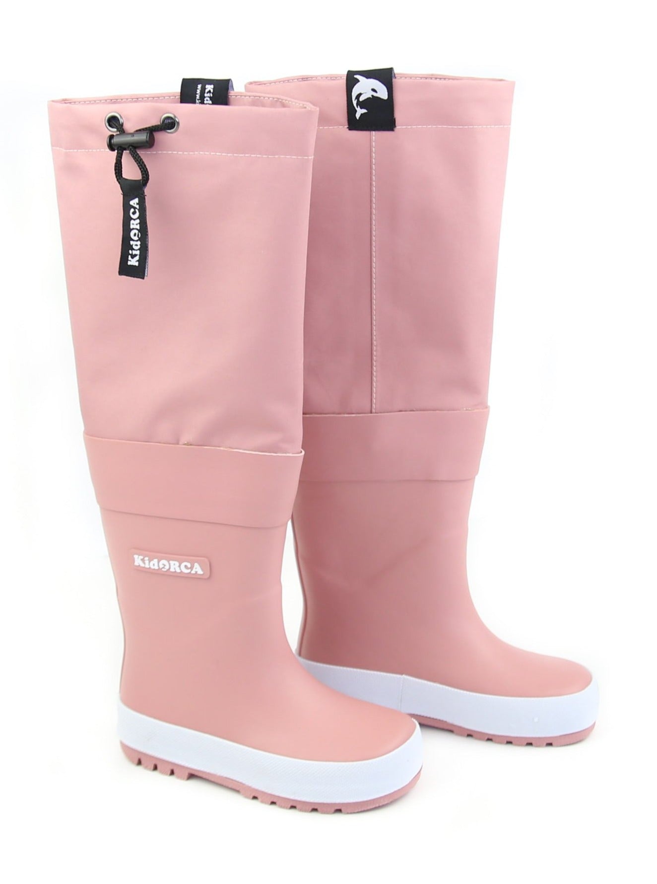 Kids ash rose rain boots with above-knee waders – front view