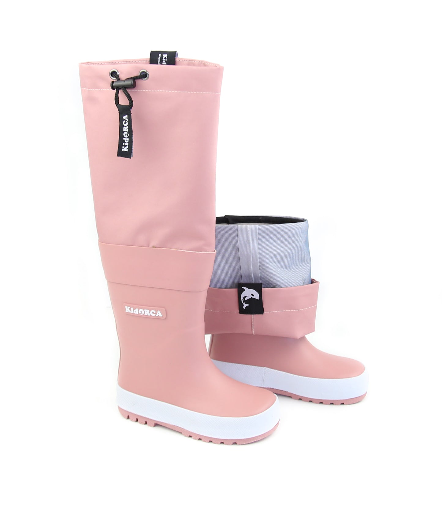 Kids ash rose rain boots with above-knee waders – front view