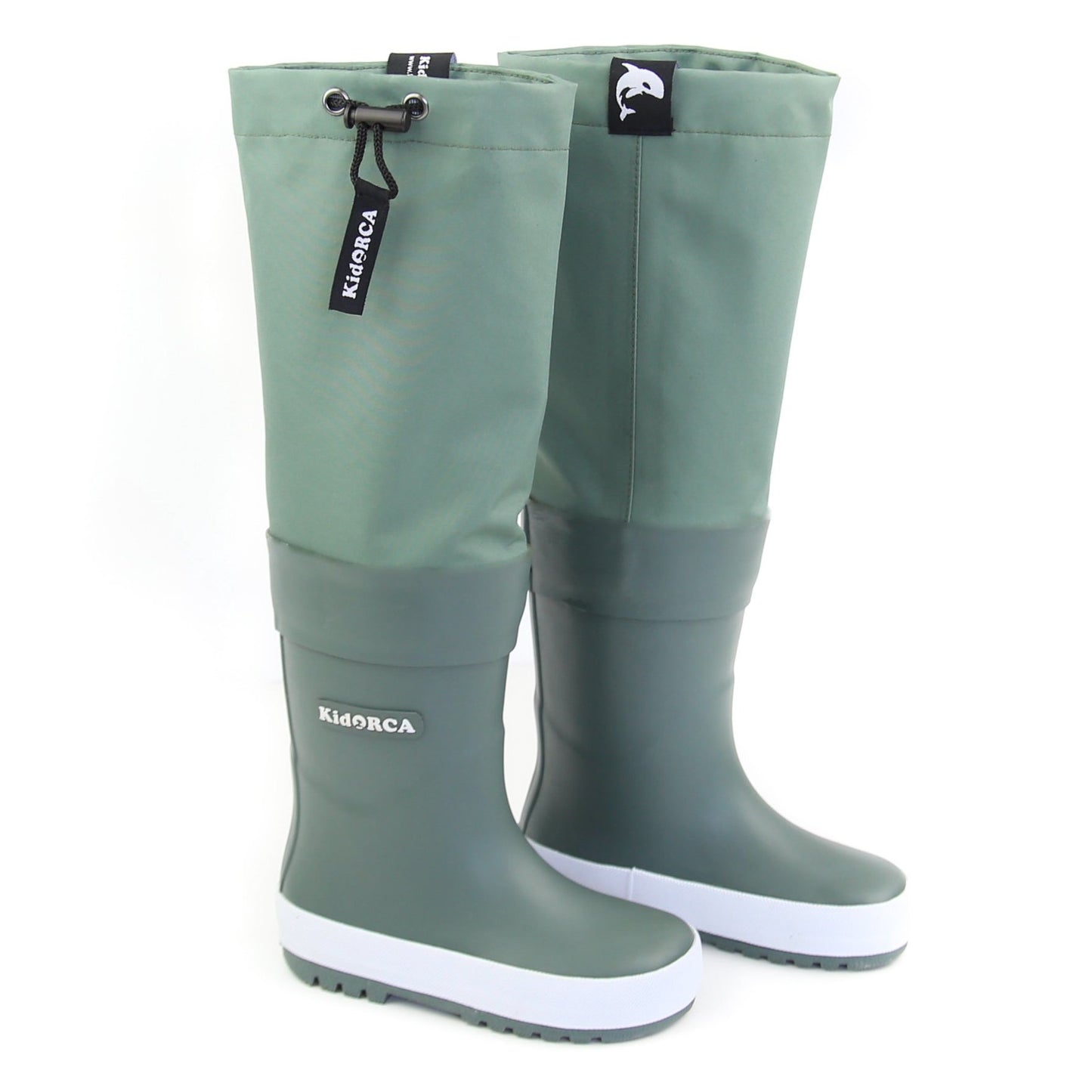 Kids olive rain boots with above-knee waders – front view