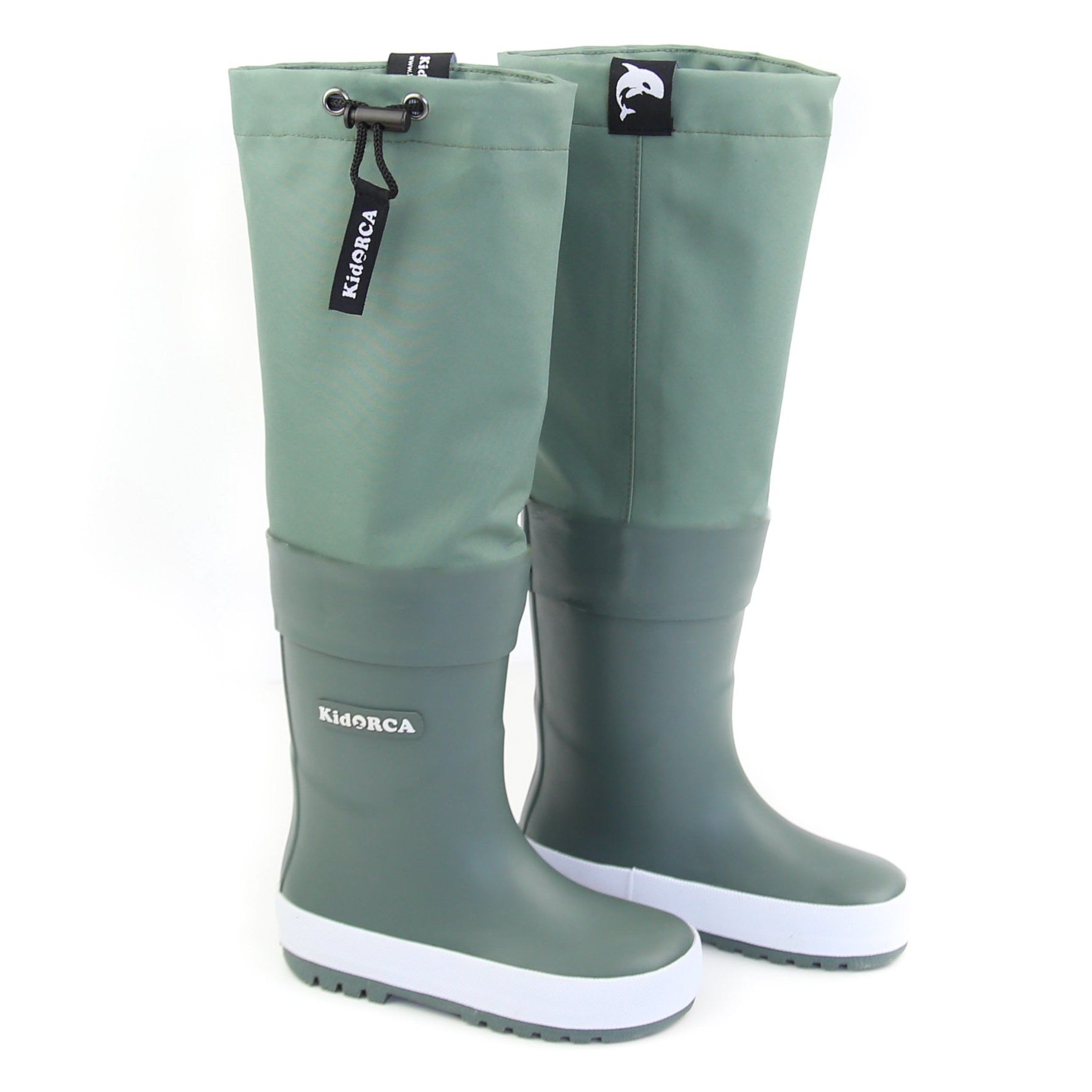 Kids olive rain boots with above-knee waders – front view