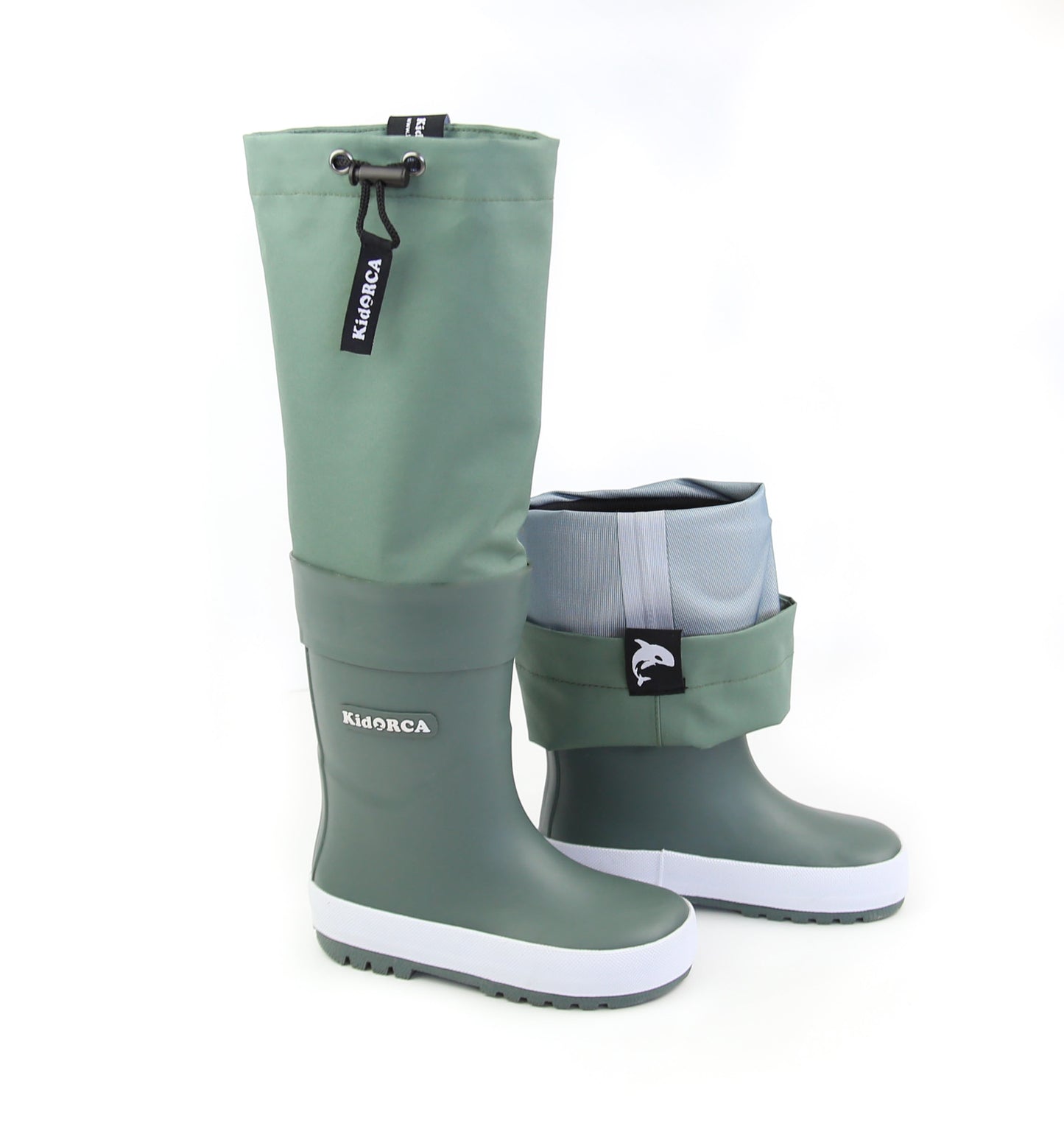 Kids olive rain boots with above-knee waders – front view