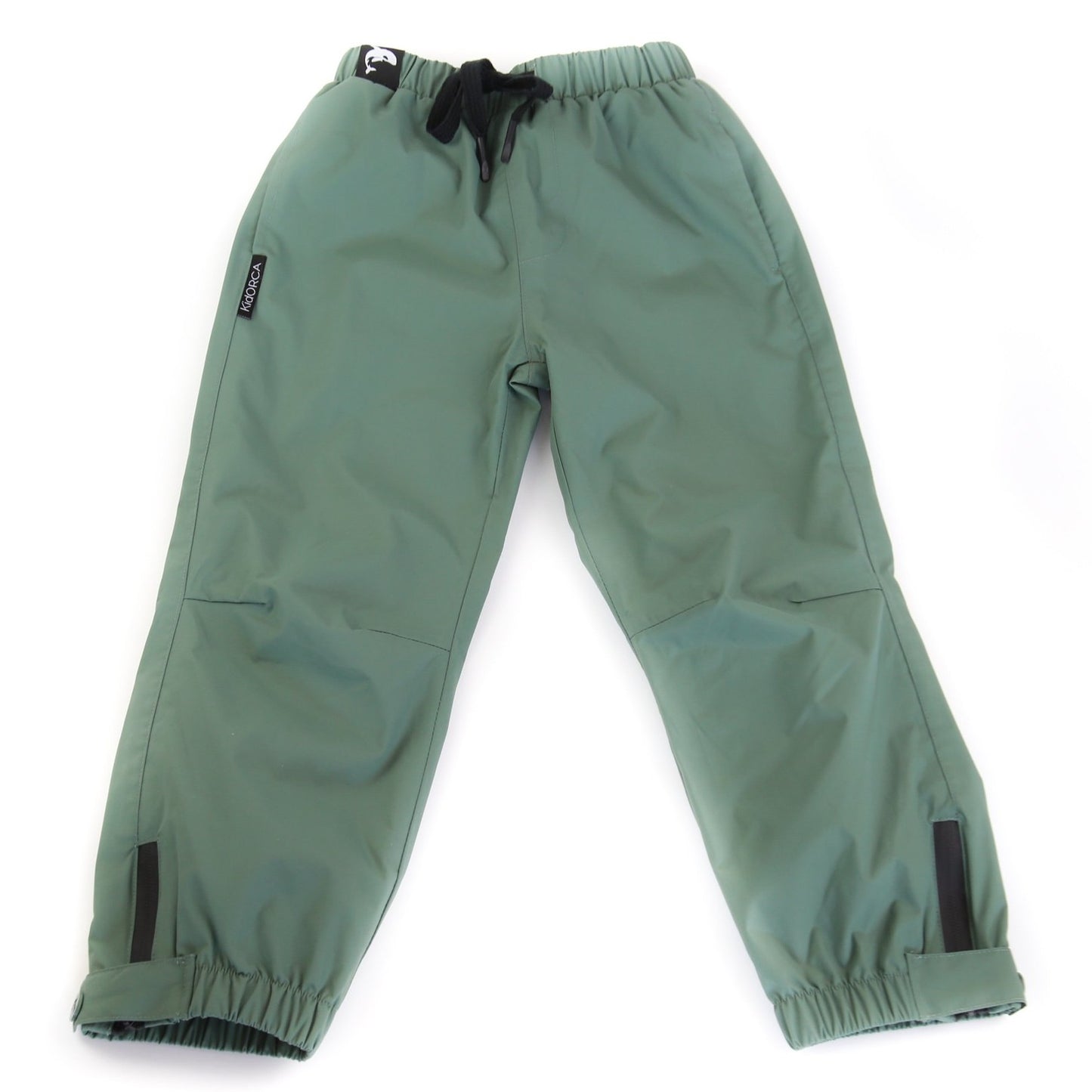 Kids olive waterproof rain pants – front view