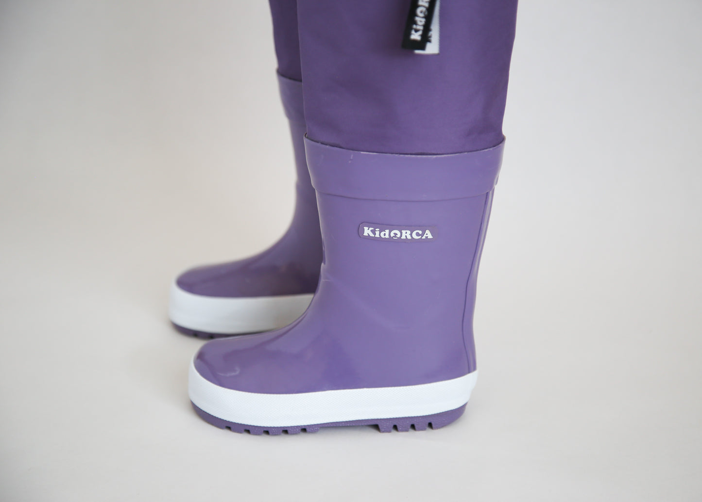 Kids grape rain boots with above-knee waders – side view