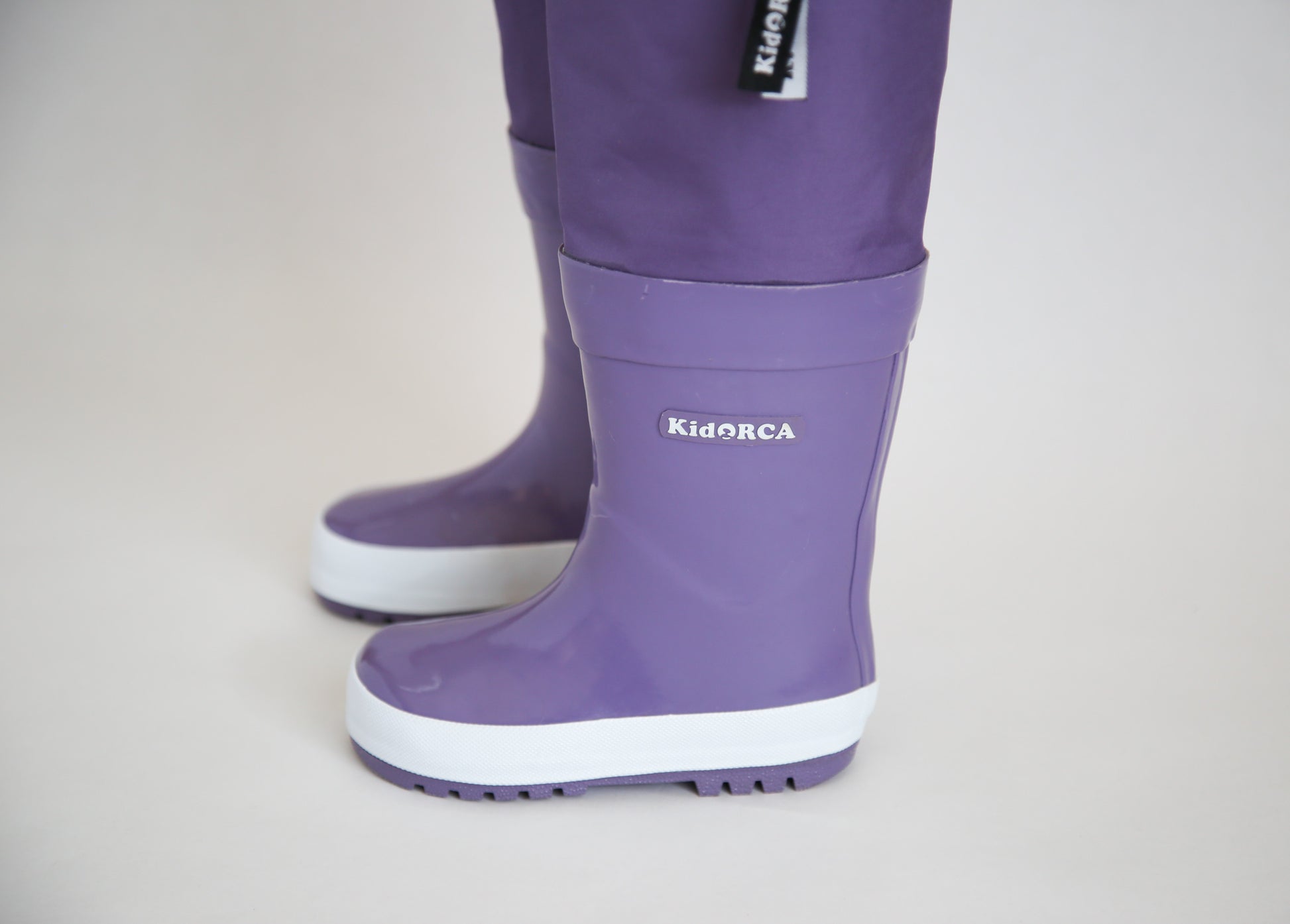 Kids grape rain boots with above-knee waders – side view