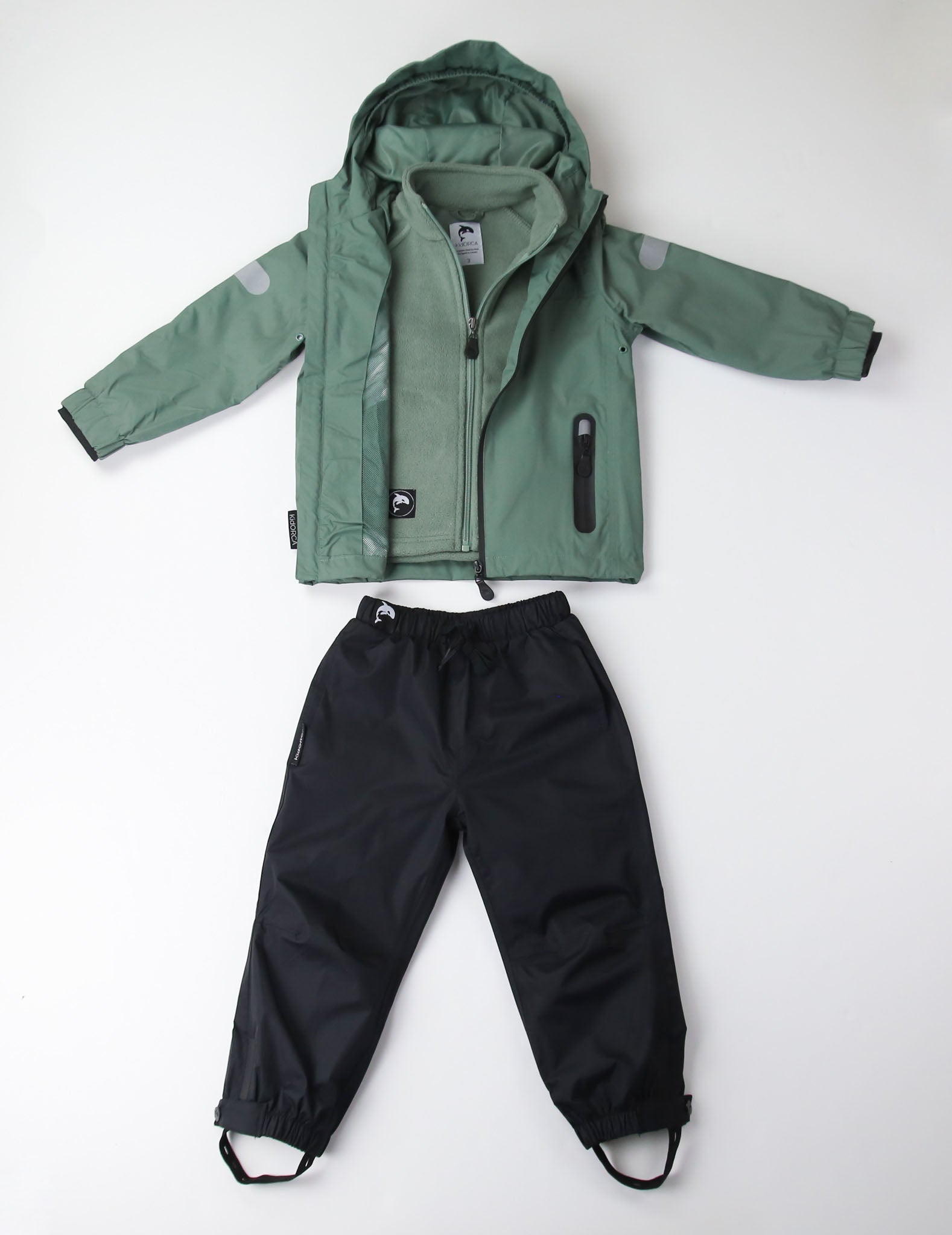 Kids olive waterproof hard-shell rain jacket – front view