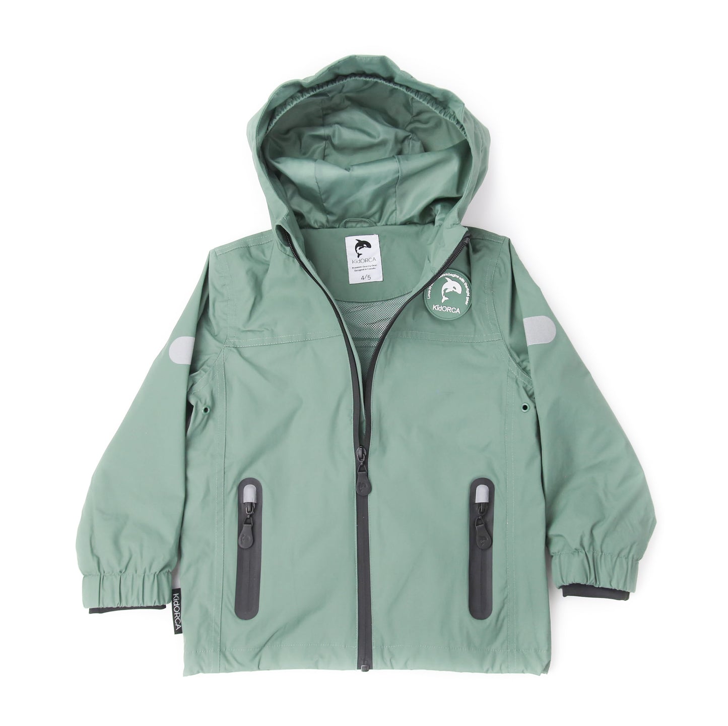 Kids olive waterproof hard-shell rain jacket – front view
