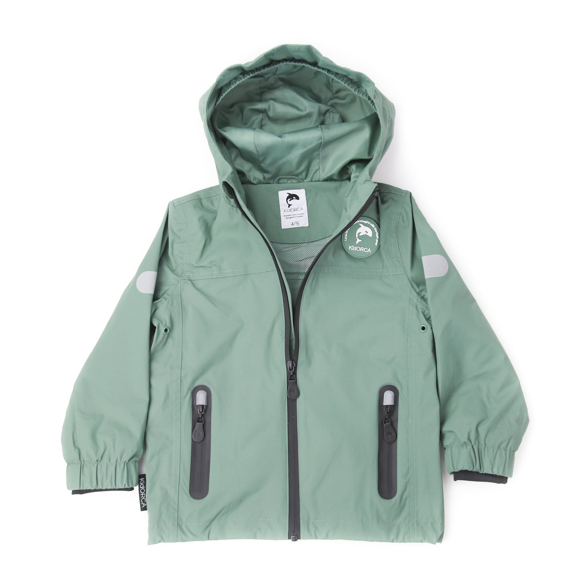 Kids olive waterproof hard-shell rain jacket – front view