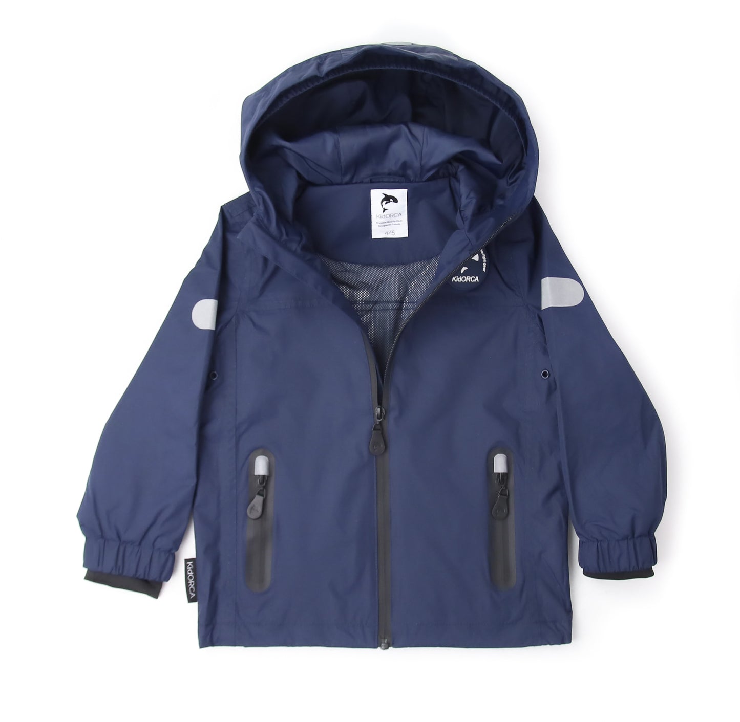 Kids navy waterproof hard-shell rain jacket – front view