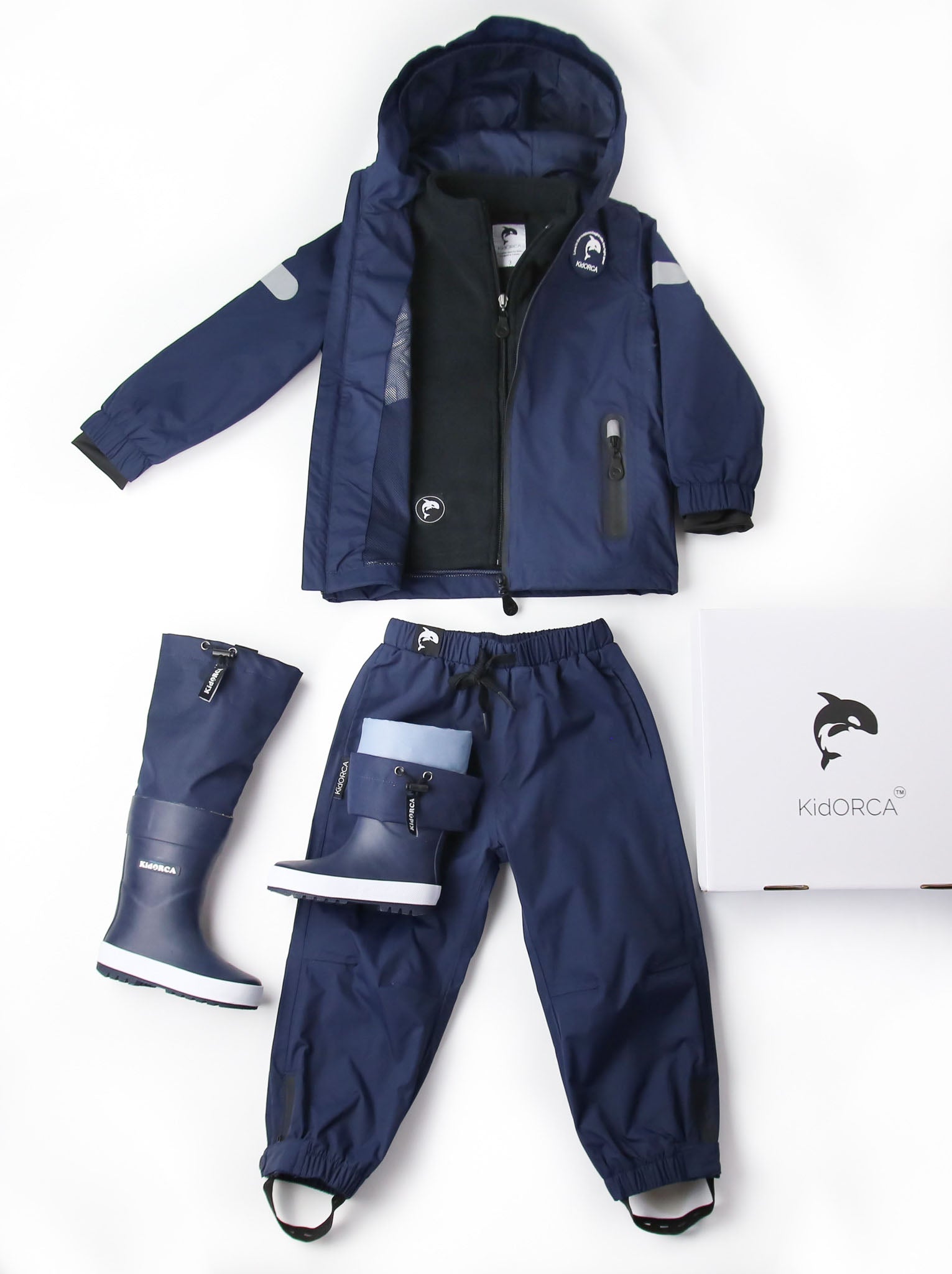 Kids navy waterproof hard-shell rain jacket – front view