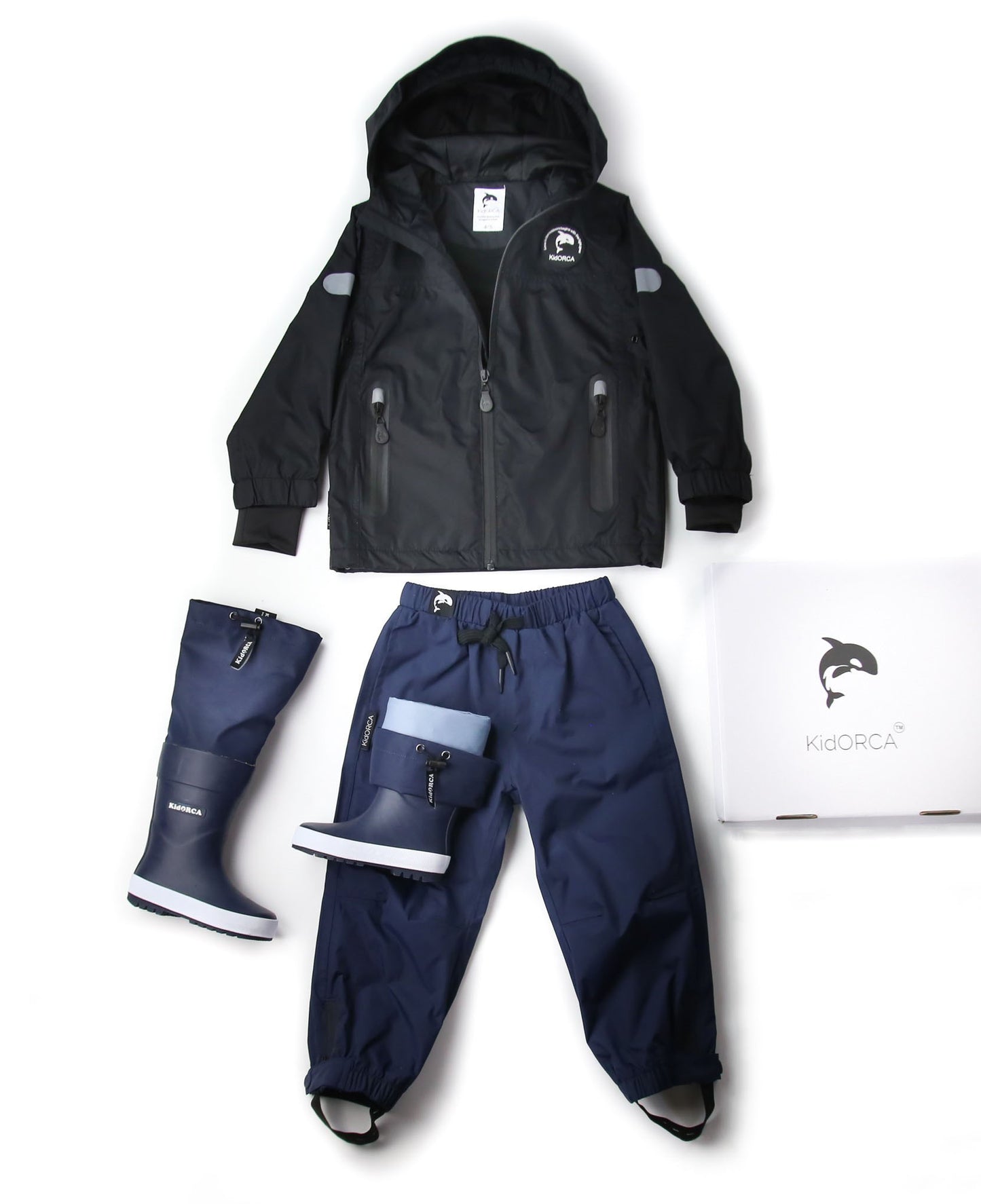Kids black insulated waterproof rain jacket – front view
