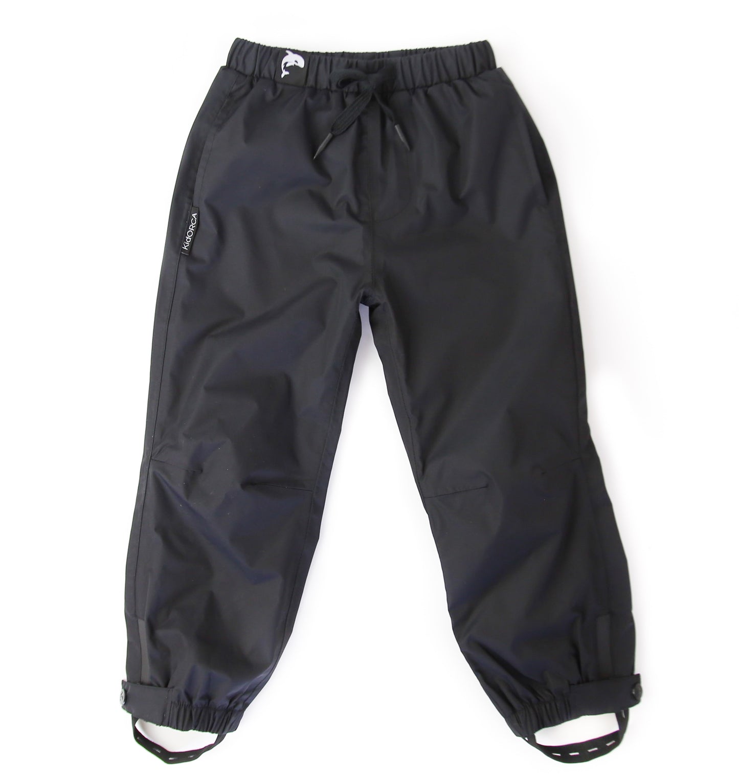 Kids black insulated waterproof rain pants – front view