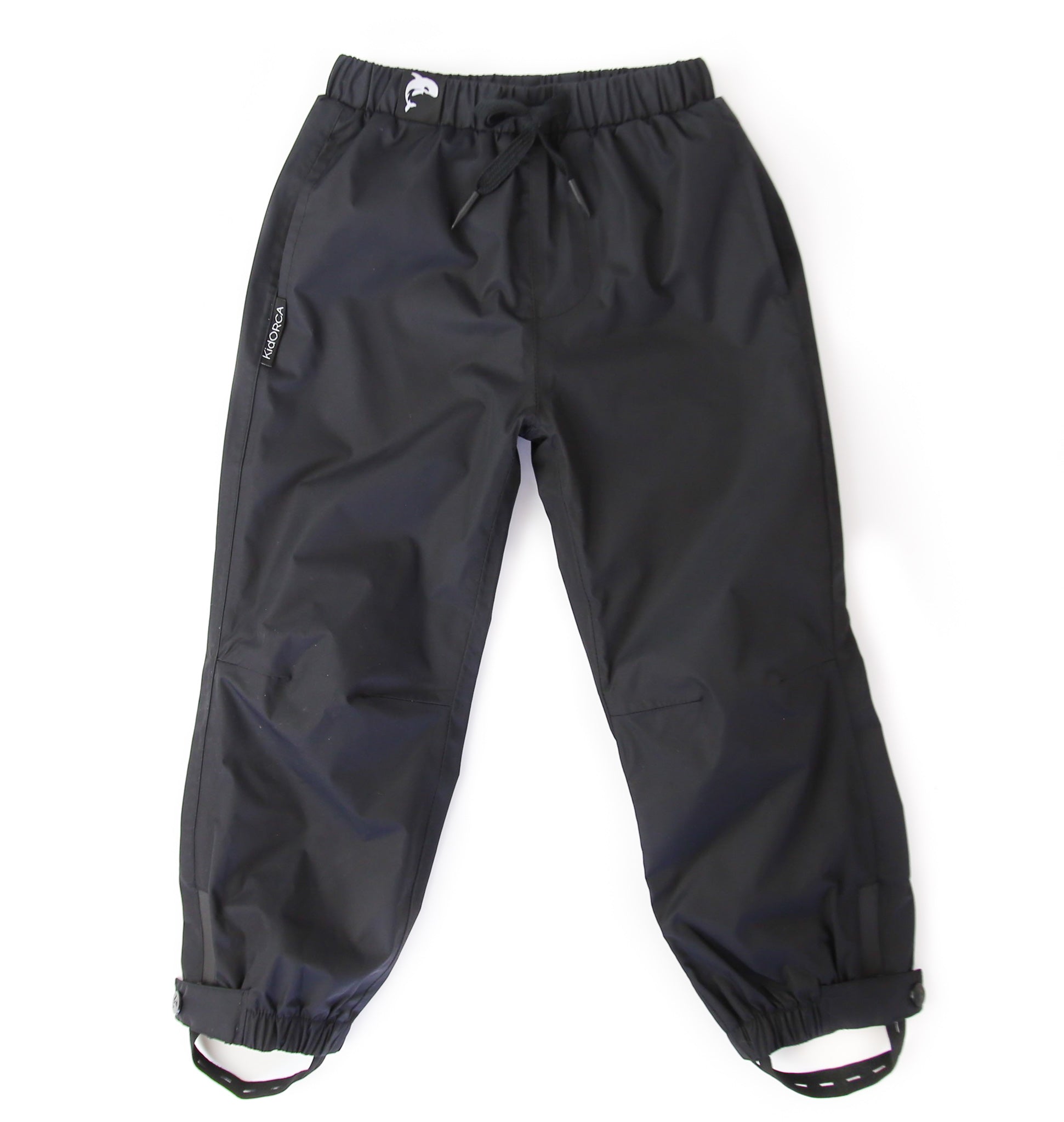 Kids black insulated waterproof rain pants – front view