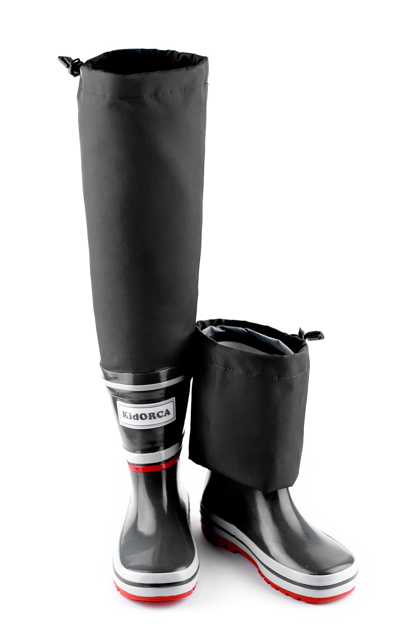 Kids grey rain boots with above-knee waders – front view