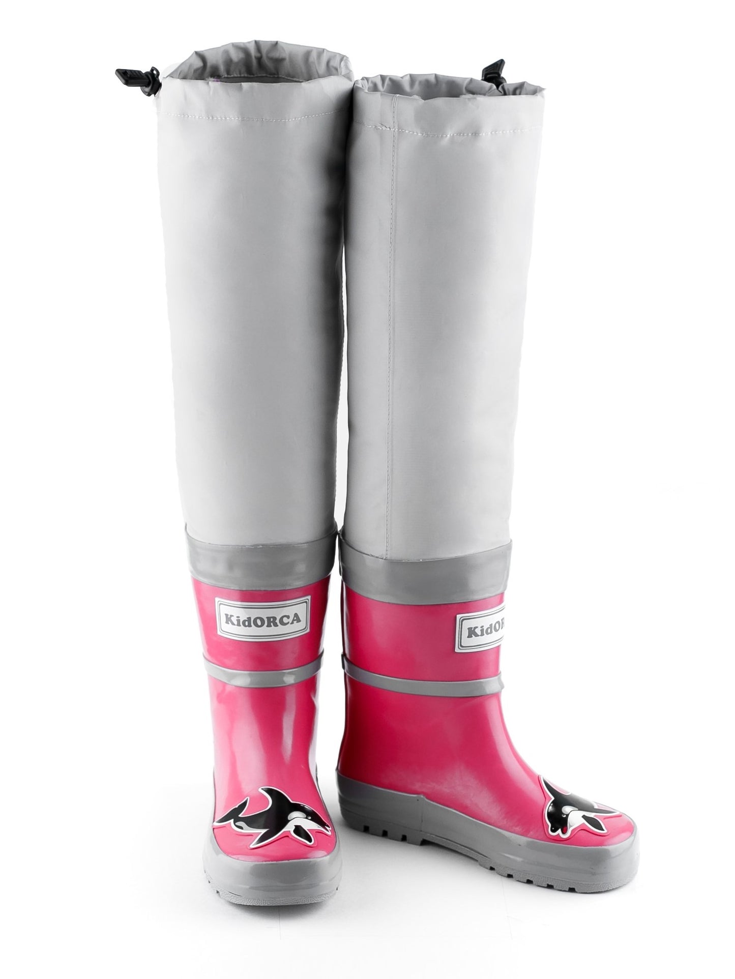 Kids pink rain boots with above-knee waders – front view