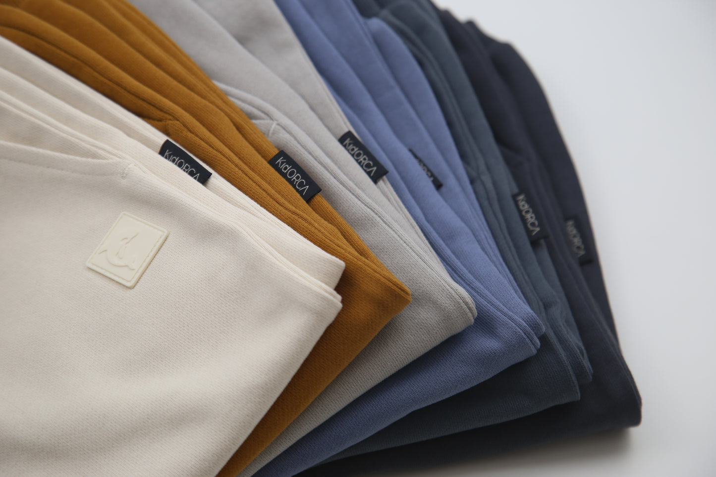 Close-up of organic french terry fabric texture – fjord blue kids sweatpants