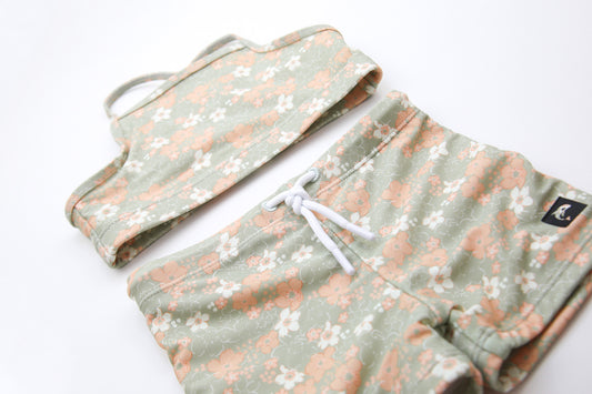Close-up of quick-dry sage green fabric – Evangelina swim top