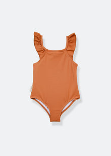 Girls waffle weave swimsuit in hazel – front view