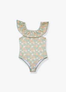Girls ruffle swimsuit in sage green – front view