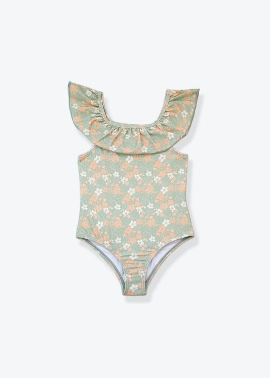 Girls ruffle swimsuit in sage green – front view