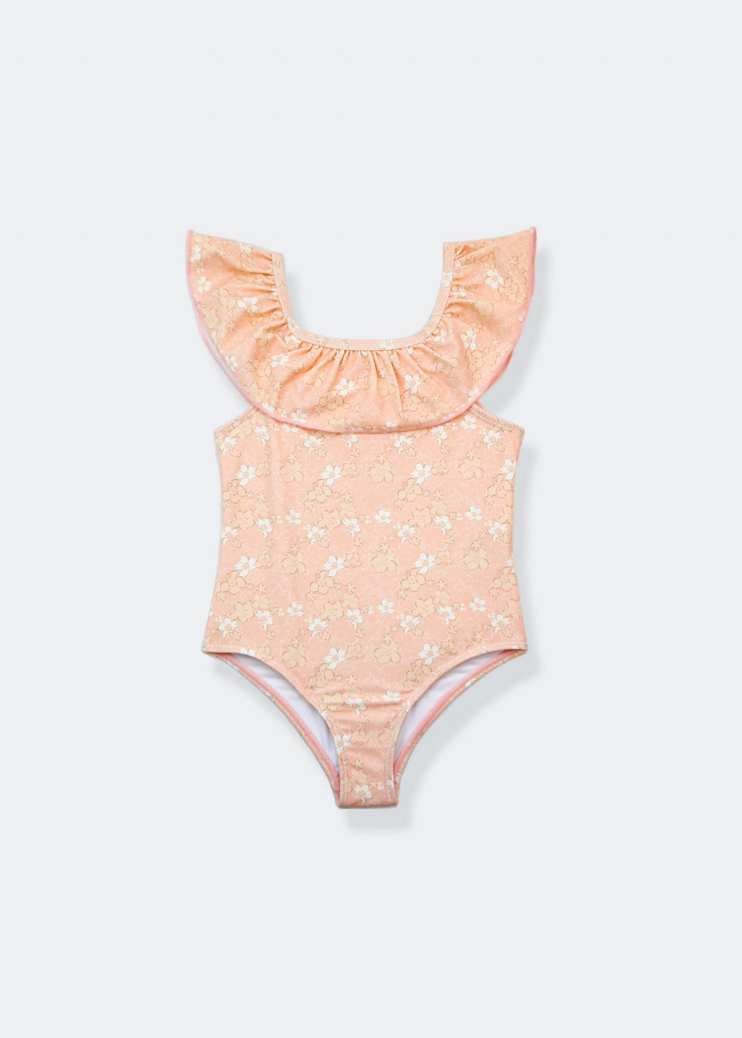 Girls ruffle swimsuit Evangelina Tuscany print – front view