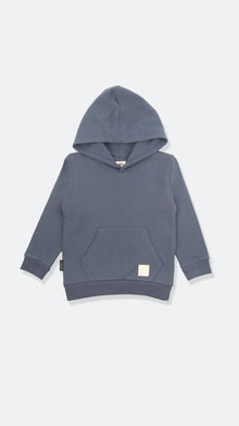 Organic french terry kids hoodie in fjord blue – front view